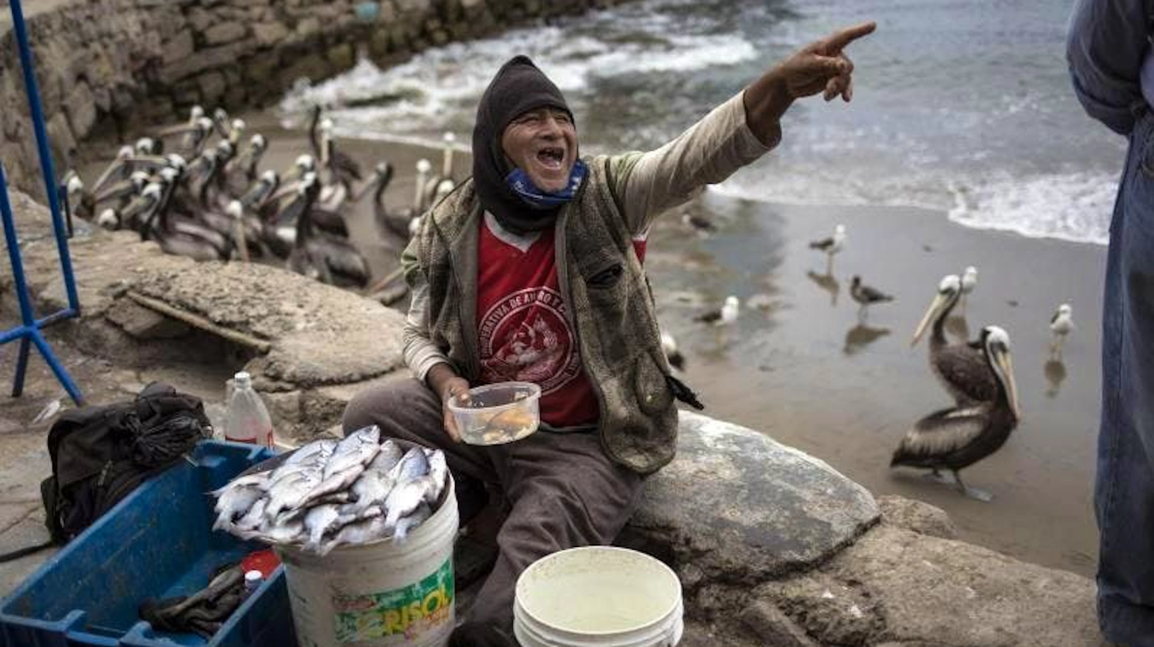 Schnack beim Snack: Fischer Willy Rivas scherzt im peruanischen Lima mit einem Freund beim Essen in der Fischerbucht in Chorrillos. (26.1.2021)