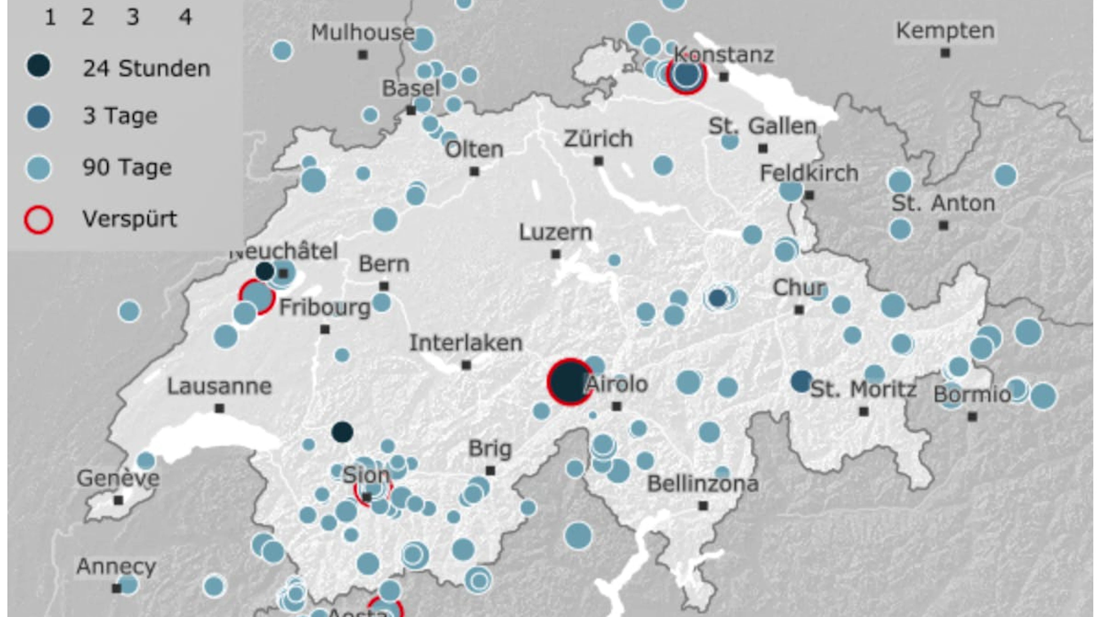 Das Radar des Schweizer Erdbebendienstes zeigt das Epizentrum im Berner Oberland an.