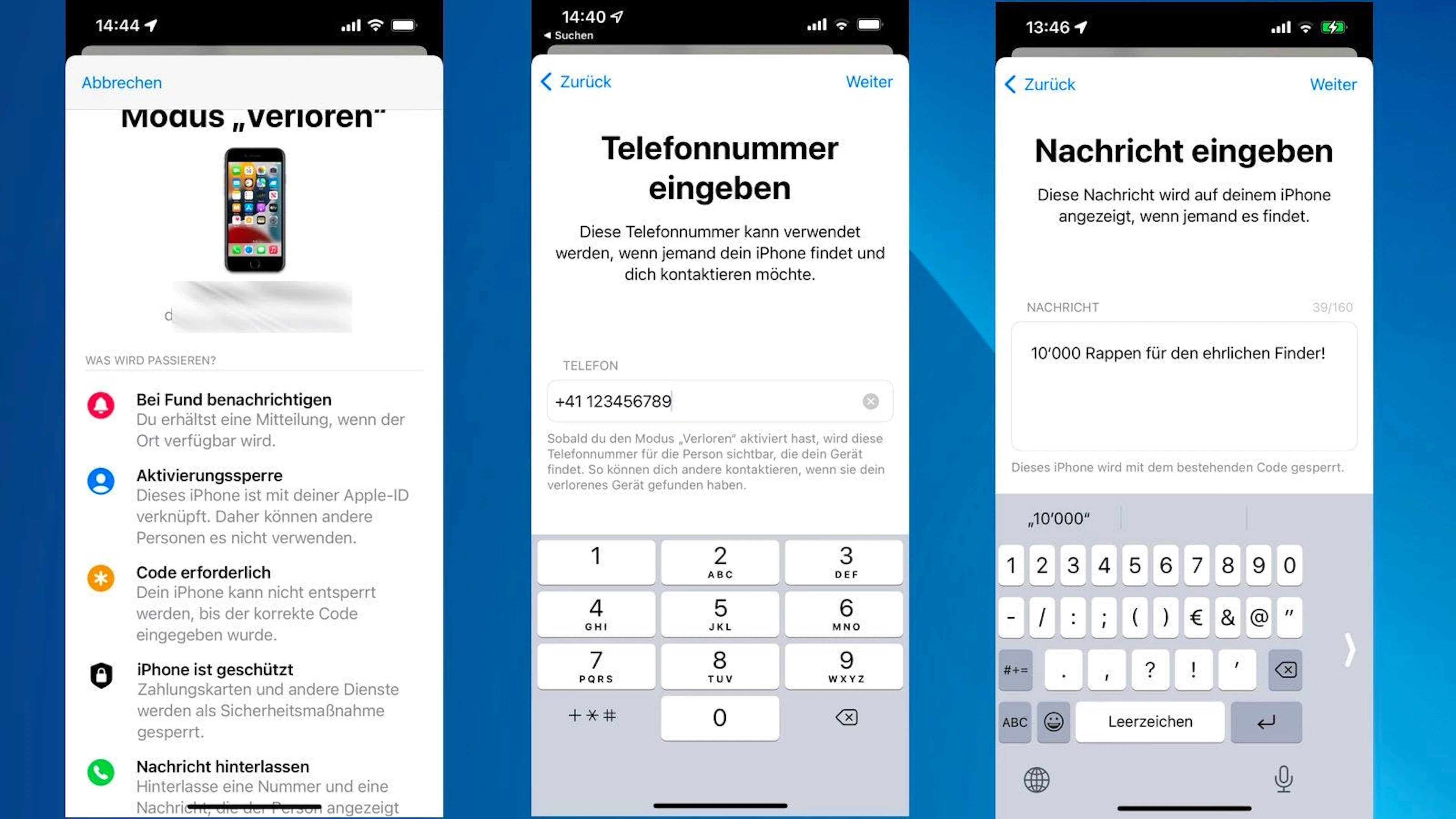 In der «Wo ist?»-App lässt sich eine Nachricht für ein verlorenes iPhone festlegen.