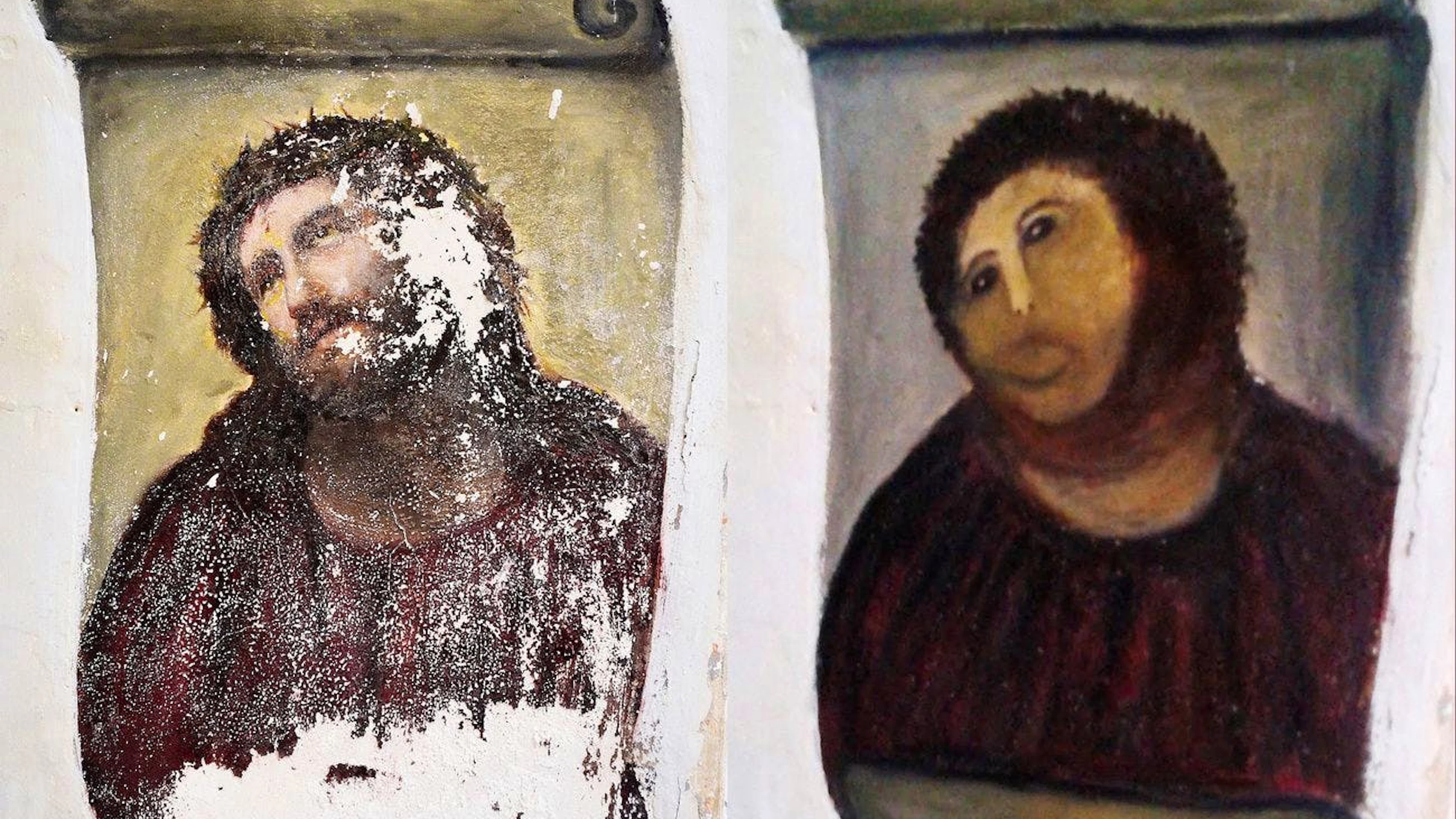 Das originale Jesus-Fresko neben der «restaurierten» Version.
