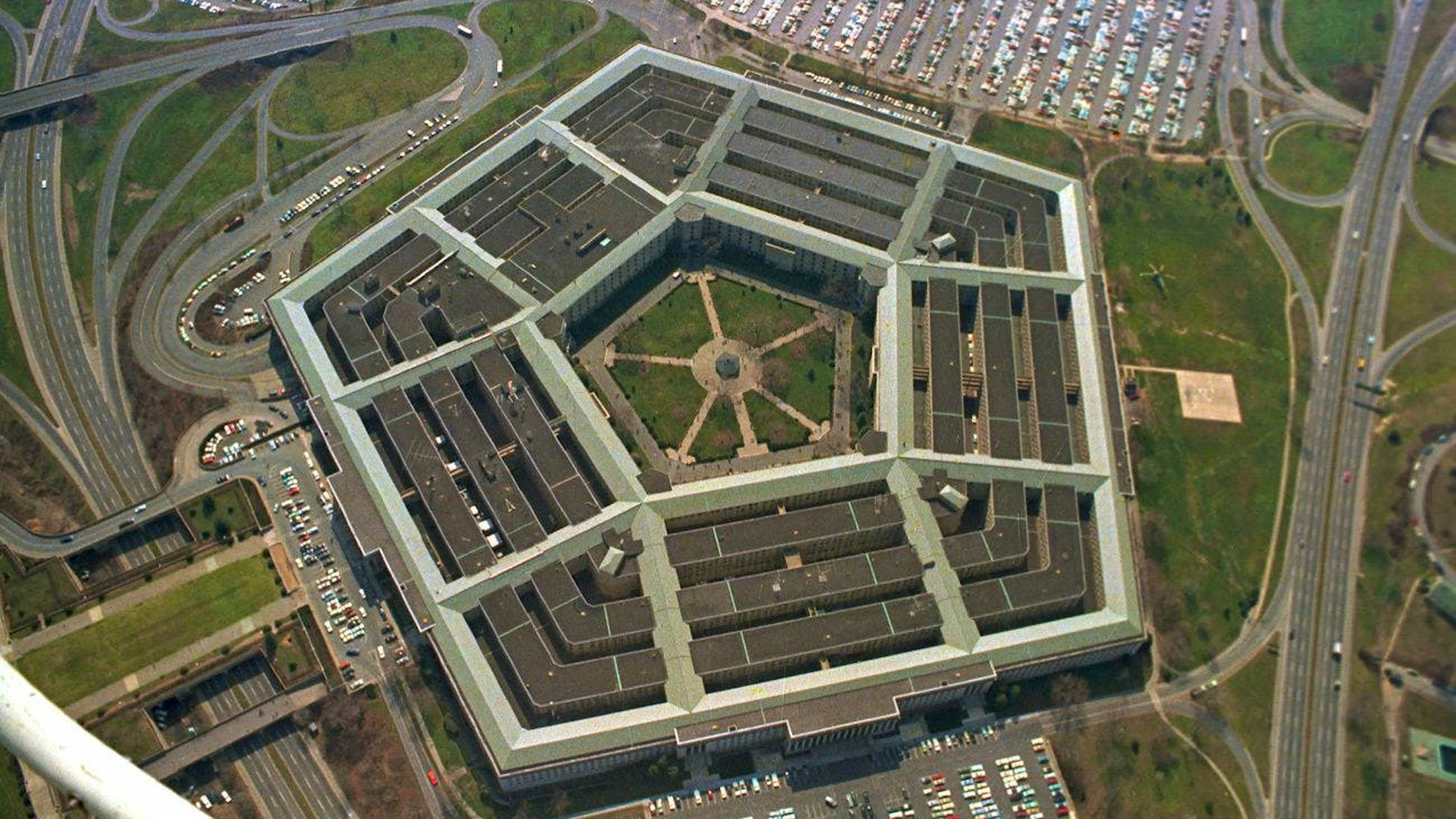 This is an aerial view of the five-sided Pentagon building, headquarters of the United States Department of Defense, in Arlington, Va., in 1975. The five concentric pentagons surround a courtyard and covers an area of 29 acres, 11.74 hectares. (KEYSTONE/AP Photo)