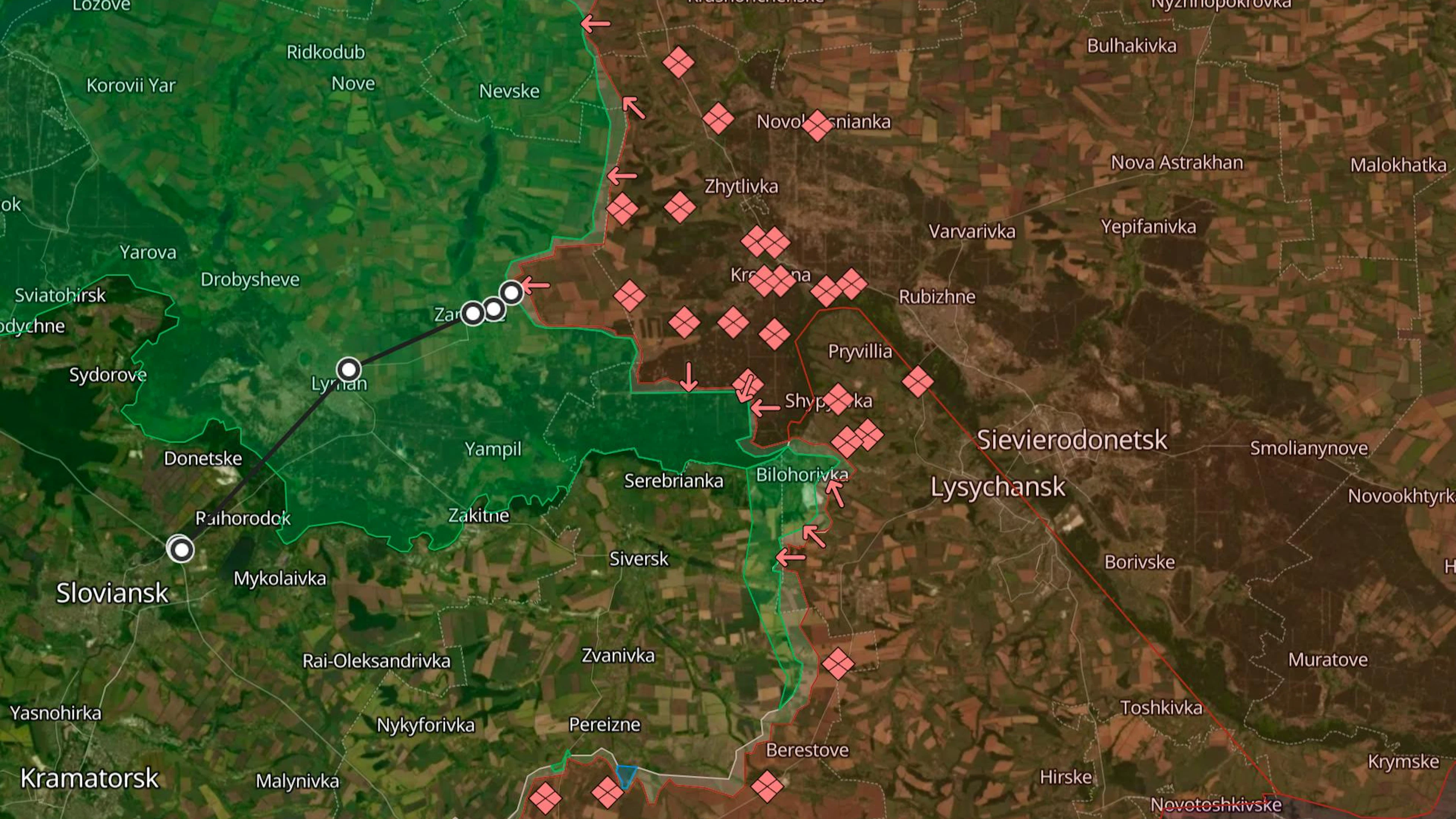 Von Kreminna aus stösst die russische Armee nach Torske und Saritschne vor. Die nächsten wichtigen Punkte im Westen sind Lyman und Slowjansk.