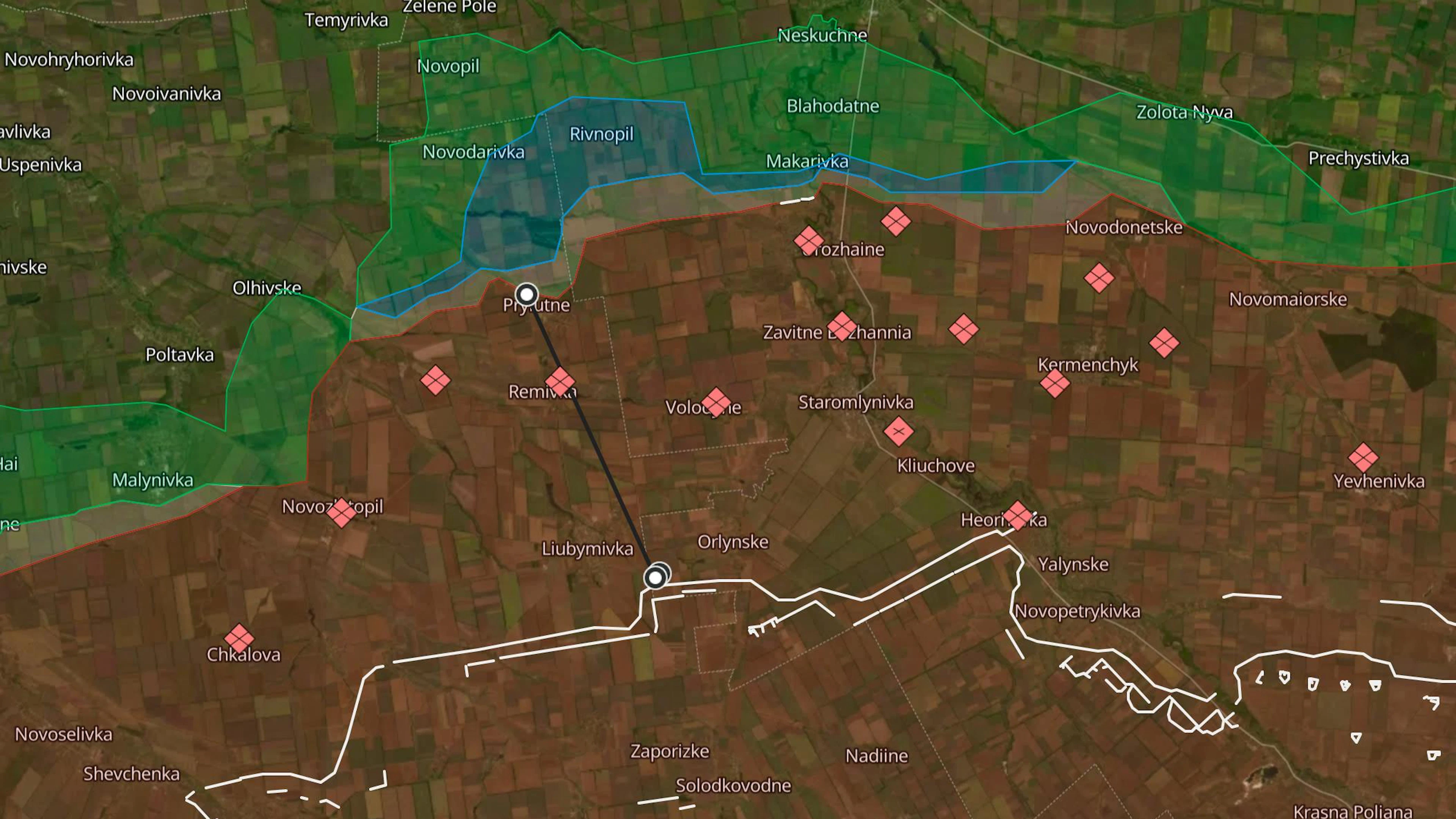Das Dorf Pryjutne ist immer noch zwölf Kilometer von der russischen Verteidigungslinie entfernt. Hinter Urozhaine und Staromarjorsk haben russische Truppen frische Schützengräben ausgehoben.