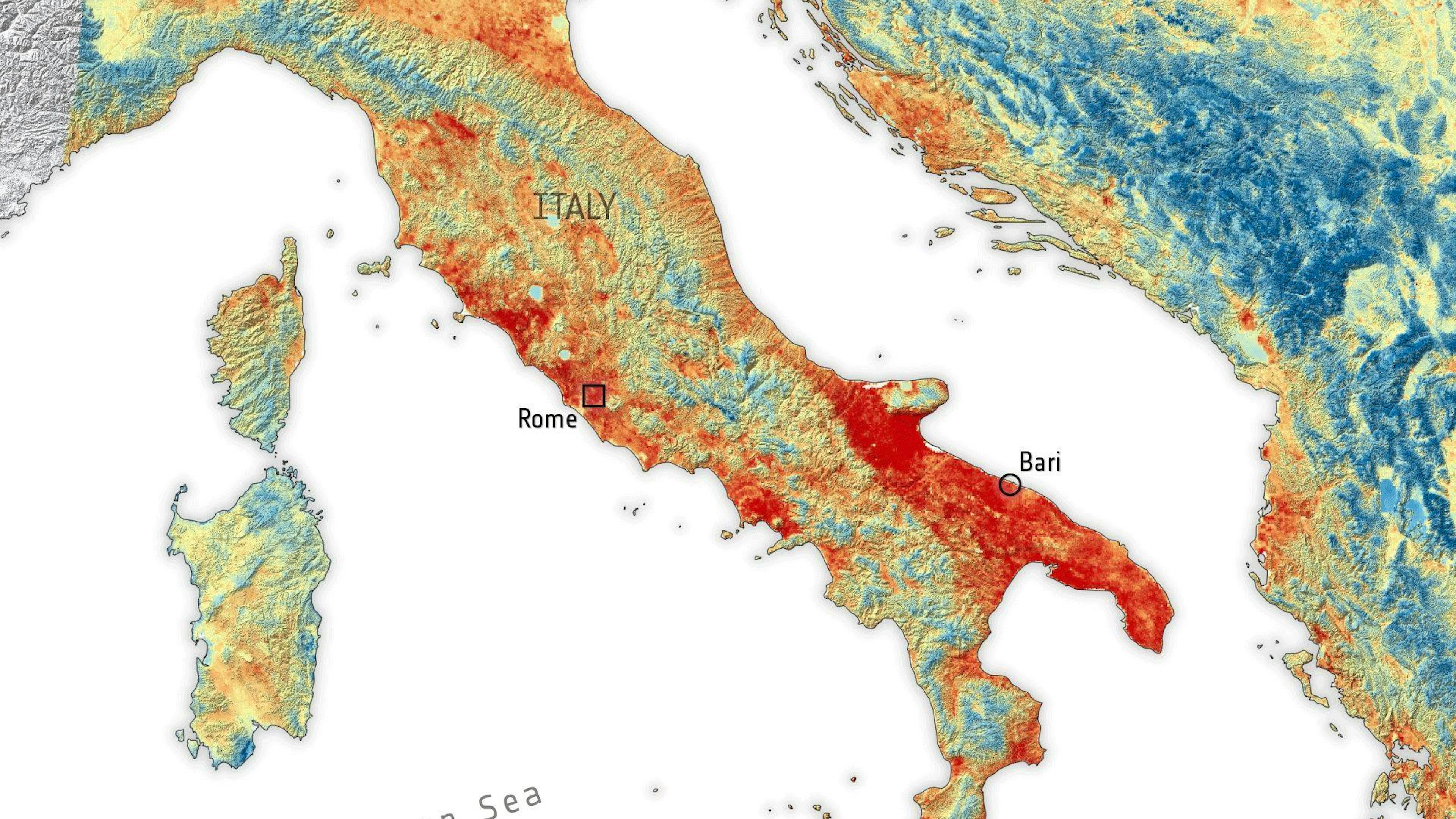 Die Karte der European Space Agency zeigt, in welchen Regionen Italien die höchsten Temperaturen misst.