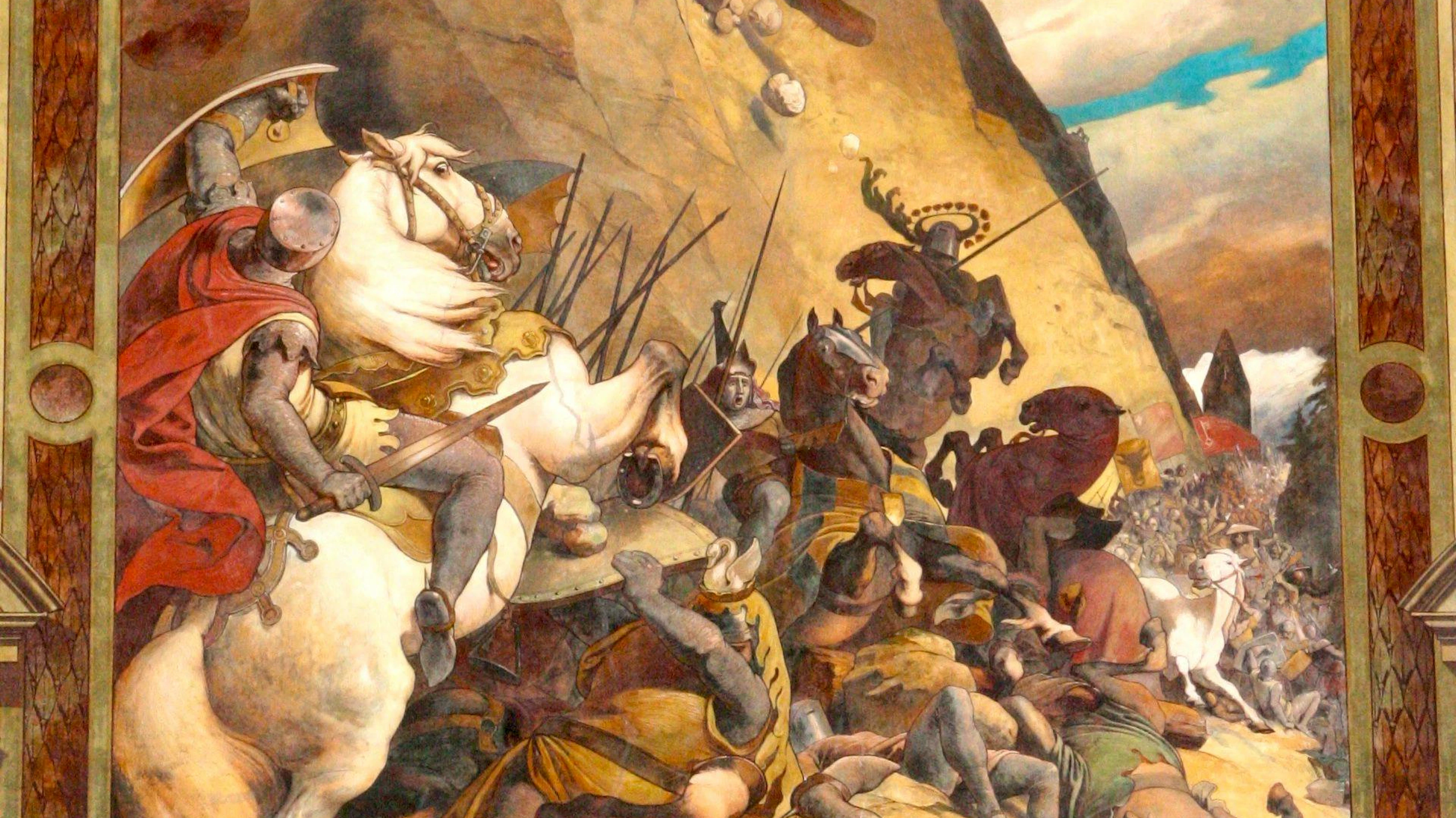 Darstellung der Schlacht am Rathaus von Schwyz: Ferdinand Wagner erschuf das Fresko 1891.