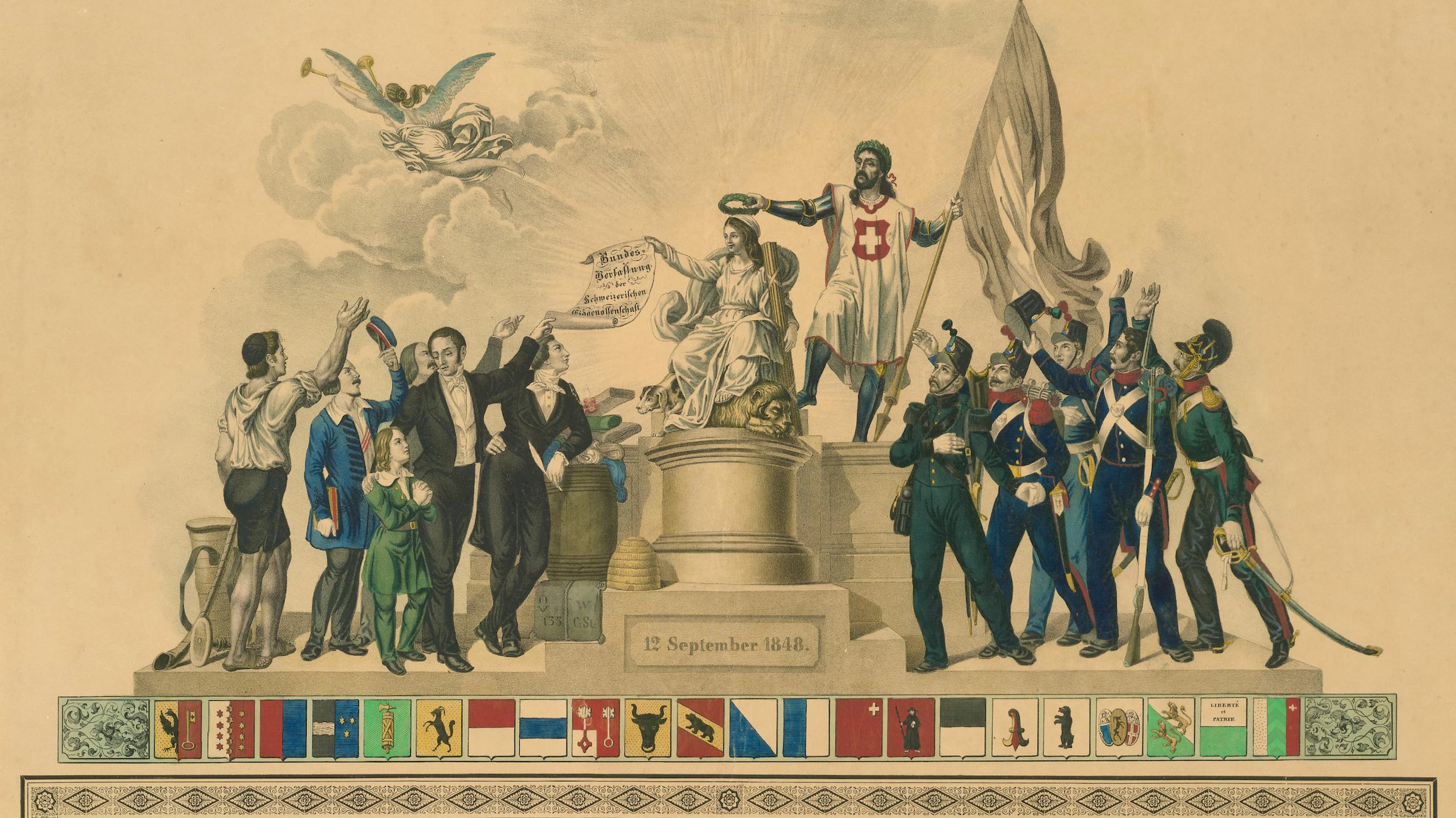 Angenommen am 1. September 1848: die Bundesverfassung mit allegorischer Figurengruppe.