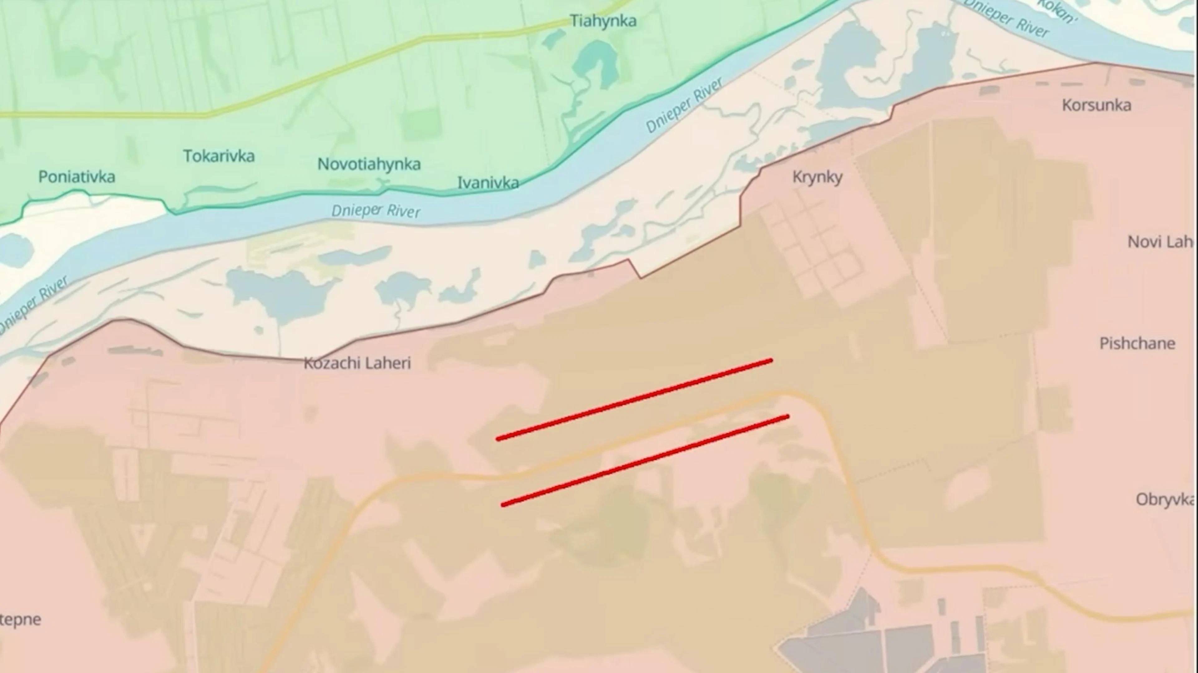 Neu angelegte russische Schützengräben östlich von Krynky (rote Linien).