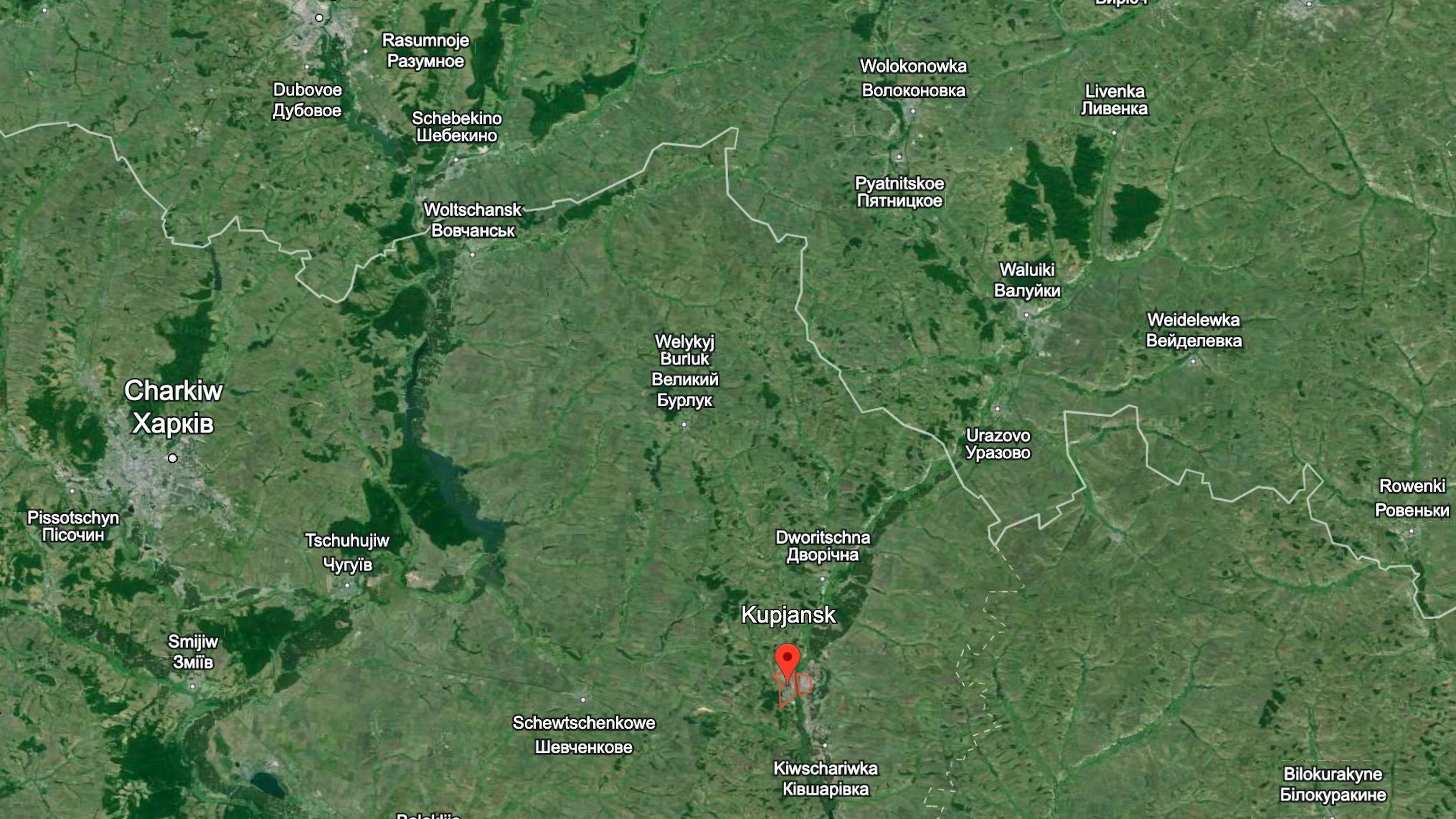 Kupyansk (contrassegnata con il punto rosso) è la soglia attraverso il fiume Oskil e permetterebbe all'esercito russo di minacciare Kharkiv a est da due lati.
