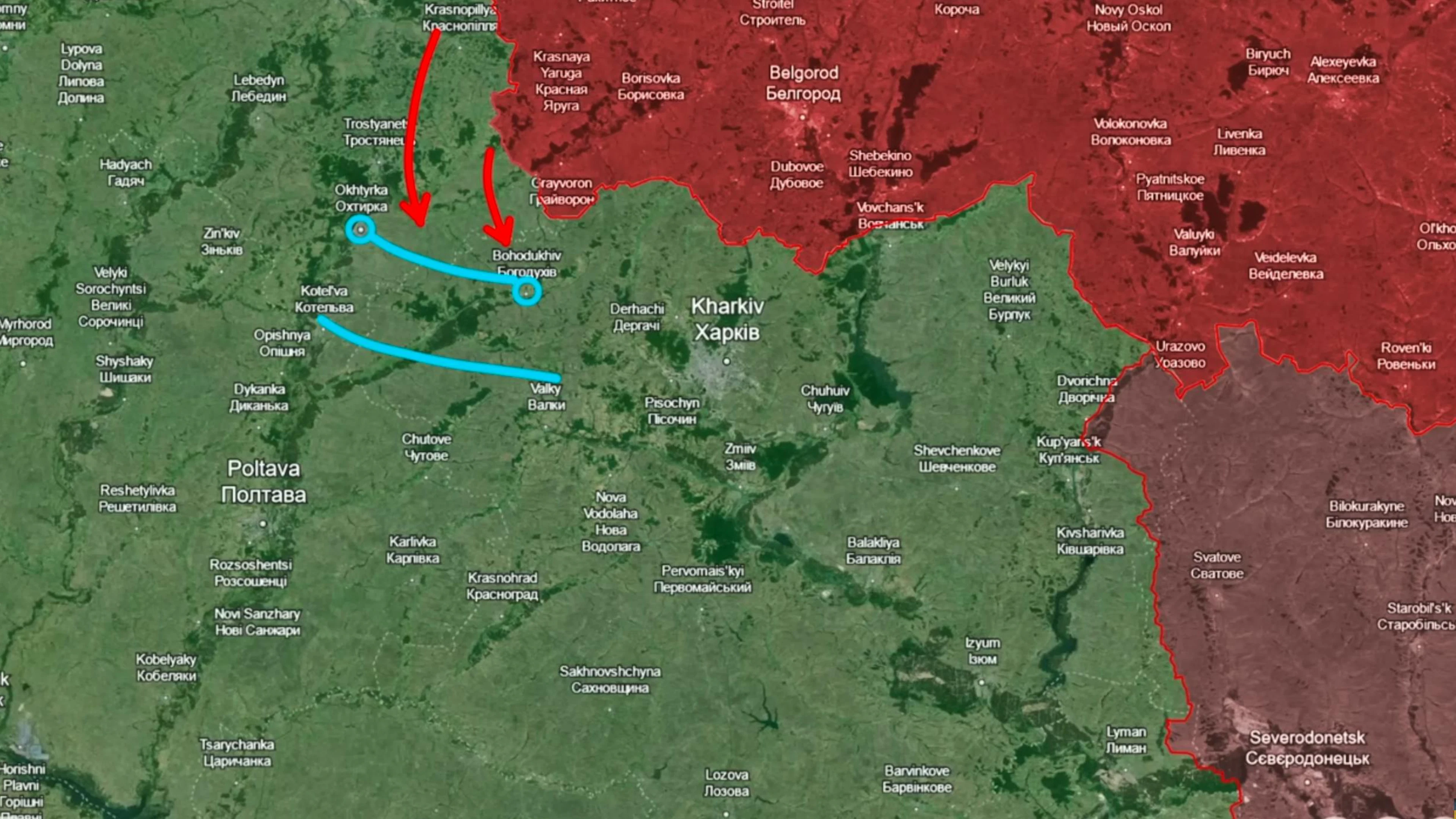 Sollte die russische Armee versuchen, Charkiw einzukreisen, hat sie viel Arbeit vor sich: Im Westen der Stadt gibt es zwei Verteidigungslinien, weiss <a target="_blank" rel="nofollow" href="https://www.youtube.com/watch?v=_g60JmD7uAo"><em>Reporting from Ukraine</em></a>. Eine liegt zwischen den Orten Ochtyrka und Bohoduchiw, dahinter folgt eine zwischen Kotelwa und Walky.
