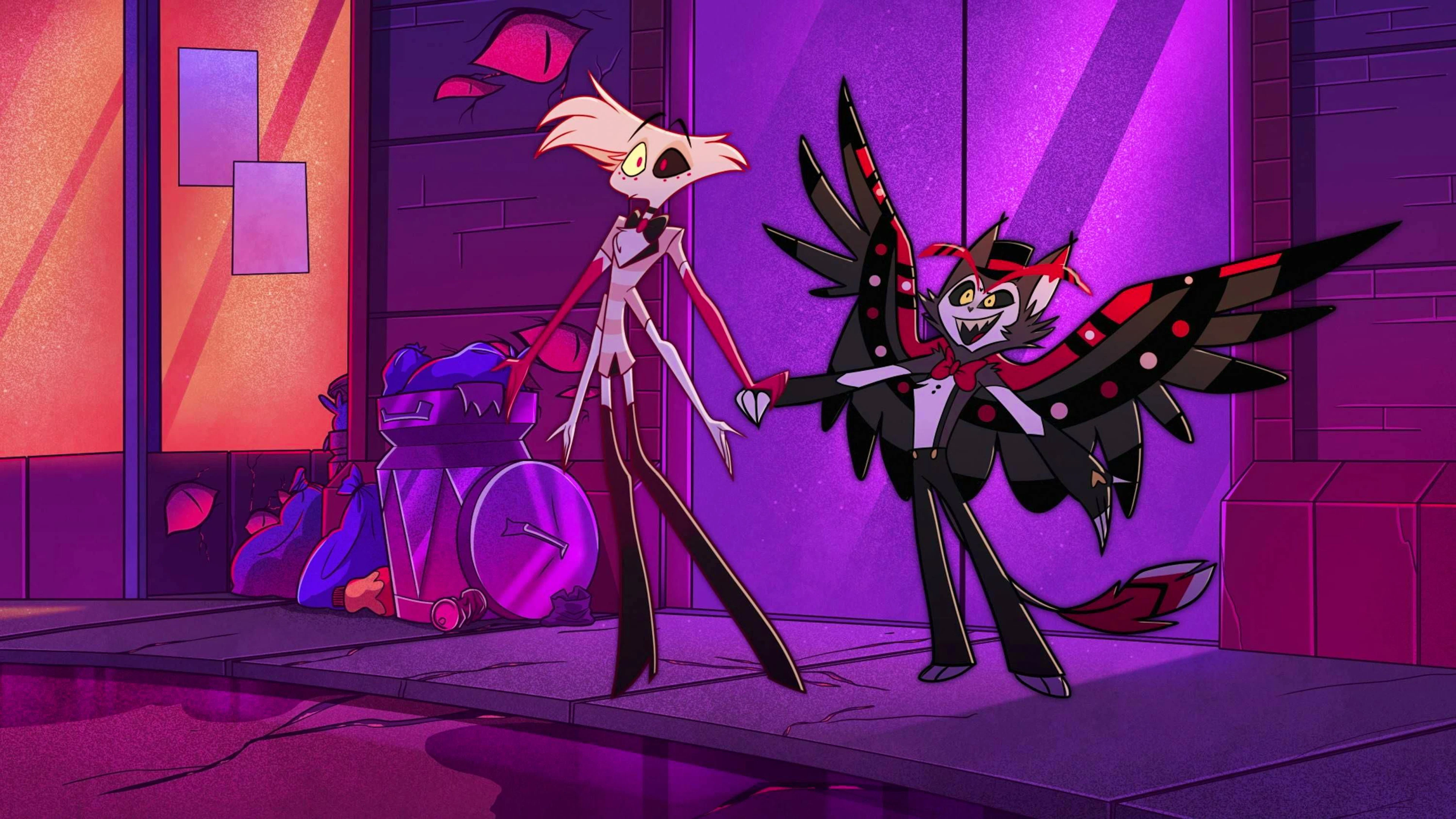 Weitere Figuren und Bewohner der Hölle aus der Serie «Hazbin Hotel»: rechts Angel Dust, gesprochen und gesungen von Blake Roman und Husk (Keith David).