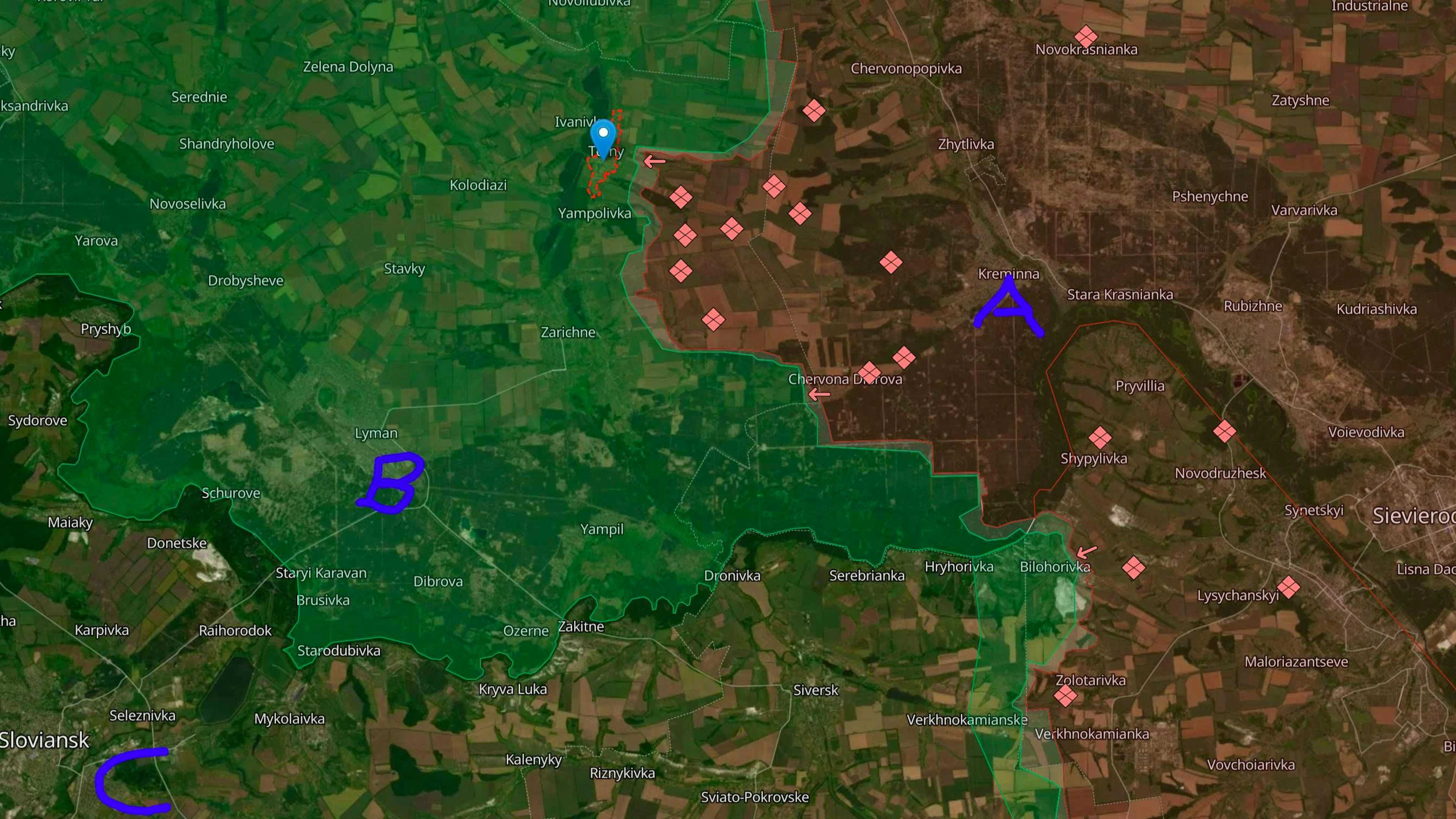 Markiert: das Dorf Terny. Über dieses will die russische Armee von Kreminna (A) nach Lyman (B) vorrücken. Hauptziel sind Slowjansk (C) und die Nachbarstadt Kramatorsk.