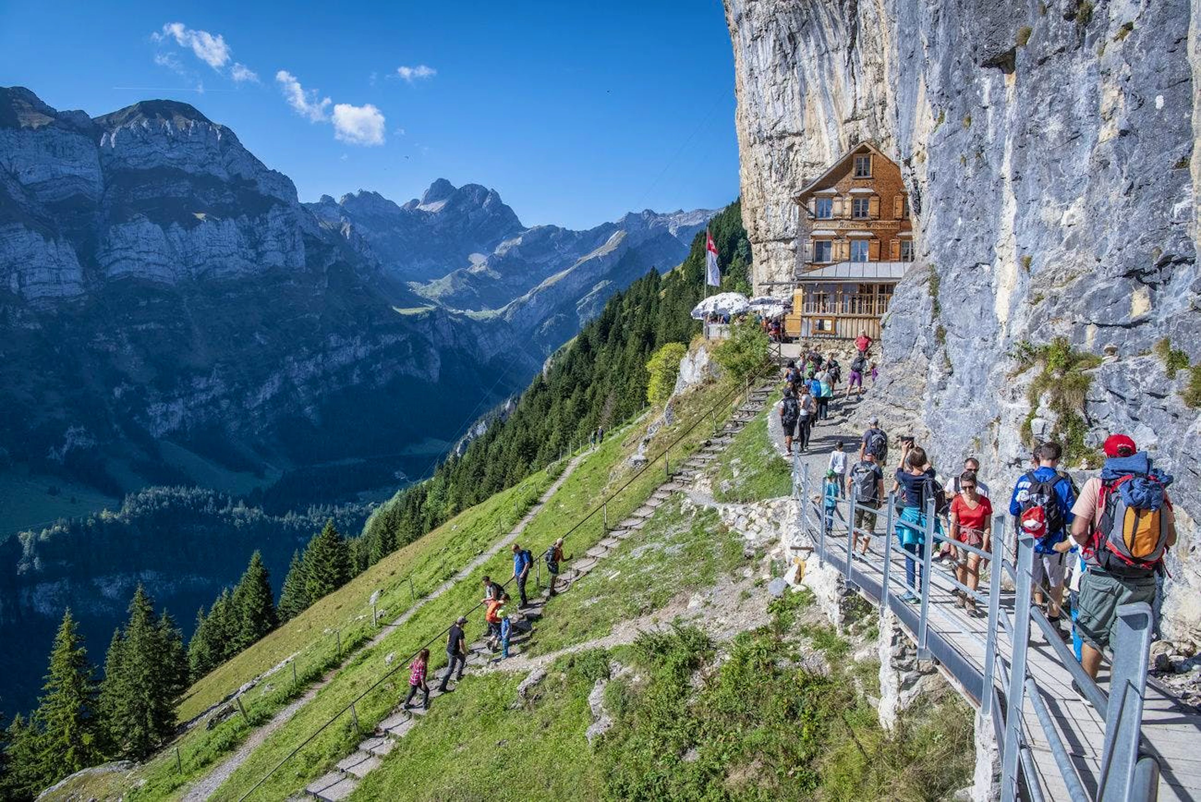 The Alpstein region is best known for its world-famous mountain inn, the “Aescher.”