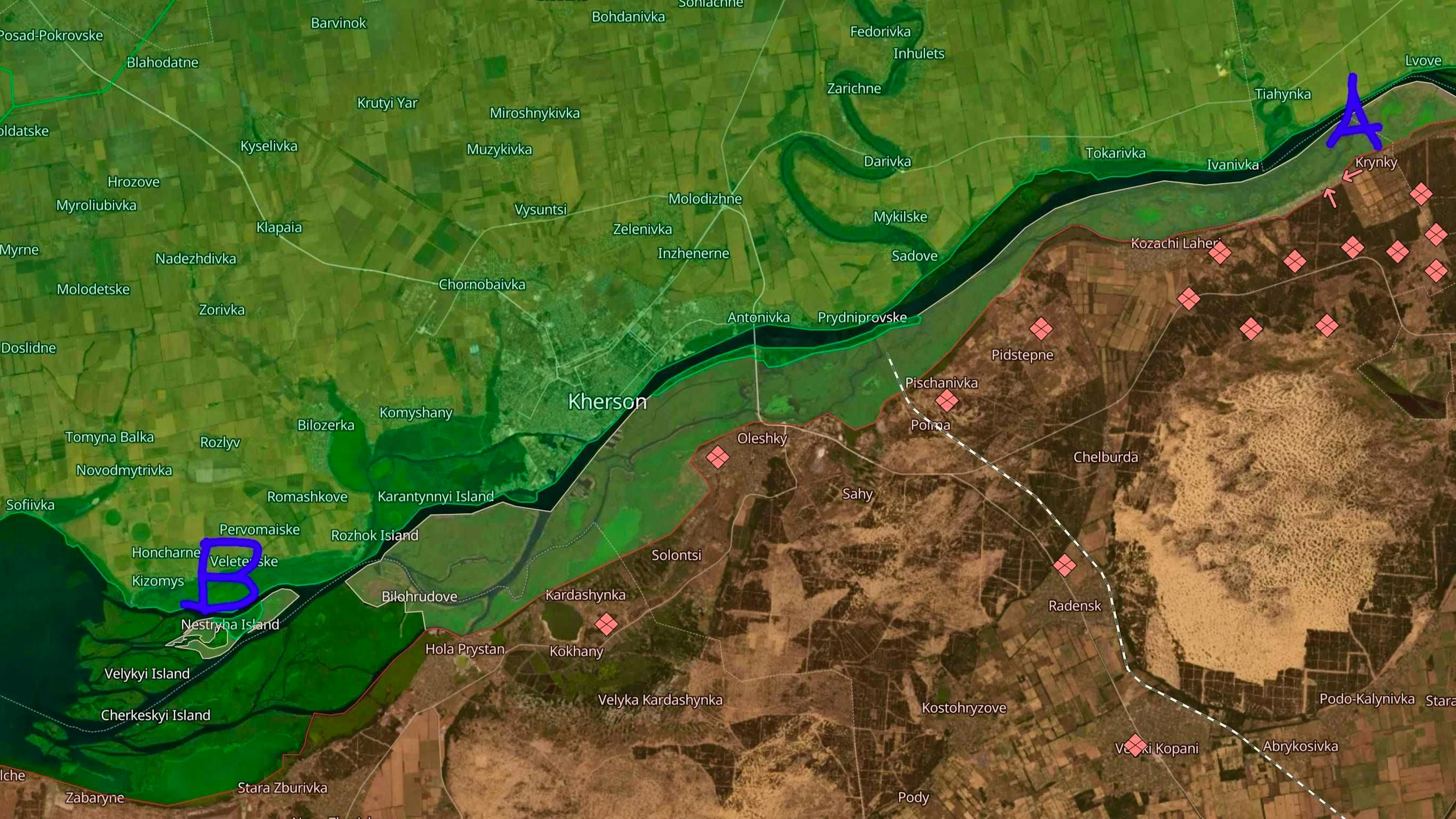 La testa di ponte ucraina sulla riva orientale del Dnipro a Krynky (A) non è ancora stata liberata. Ora le forze di Kiev hanno preso anche l'isola di Nestryga (B).