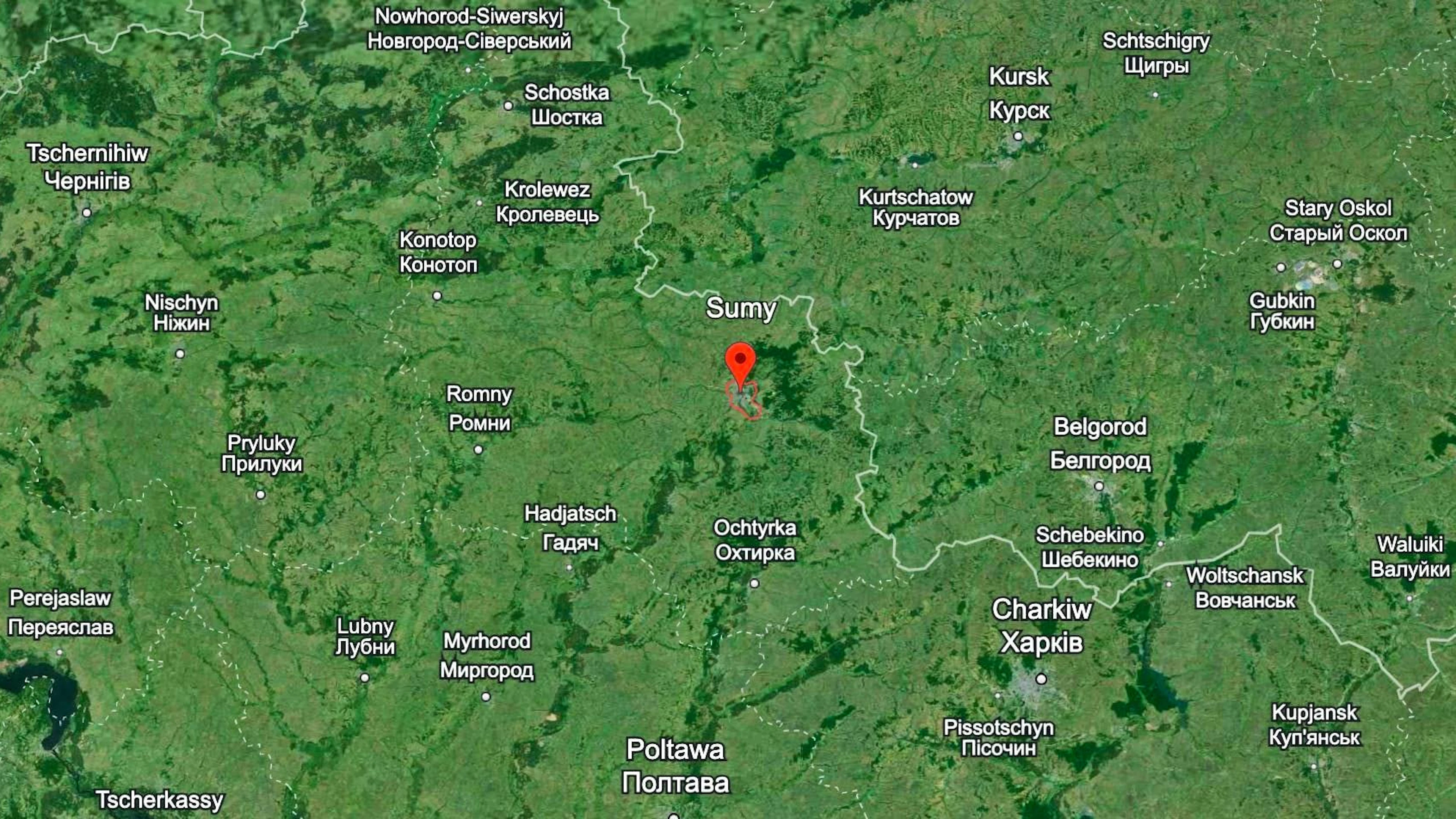 Il punto rosso è la posizione di Sumy. Kursk si trova a 125 chilometri a nord-est di Sumy.