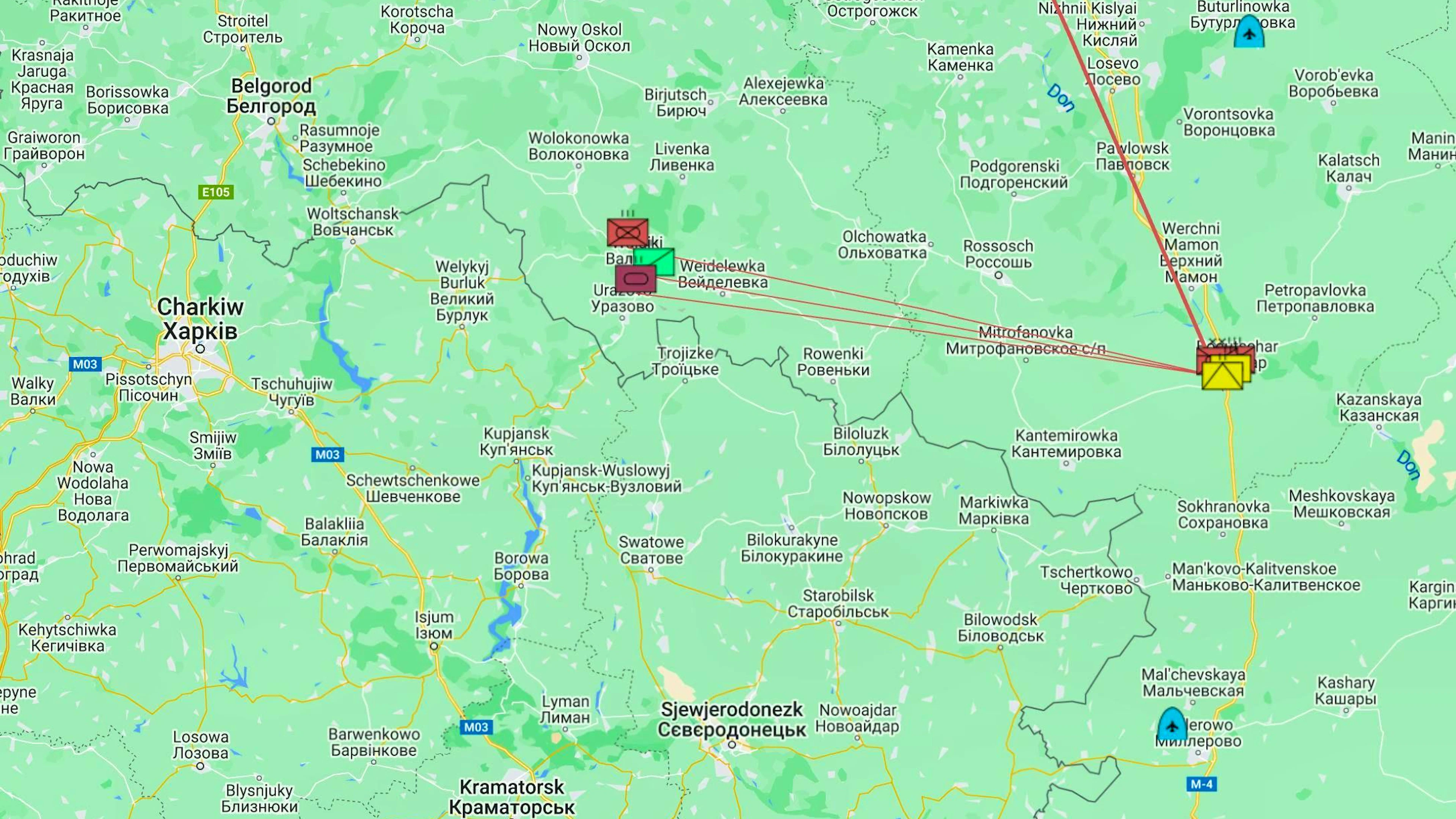 Basi russe a est di Kharkiv a Soloti e Valuiki (al centro) e Boguchar (a destra).