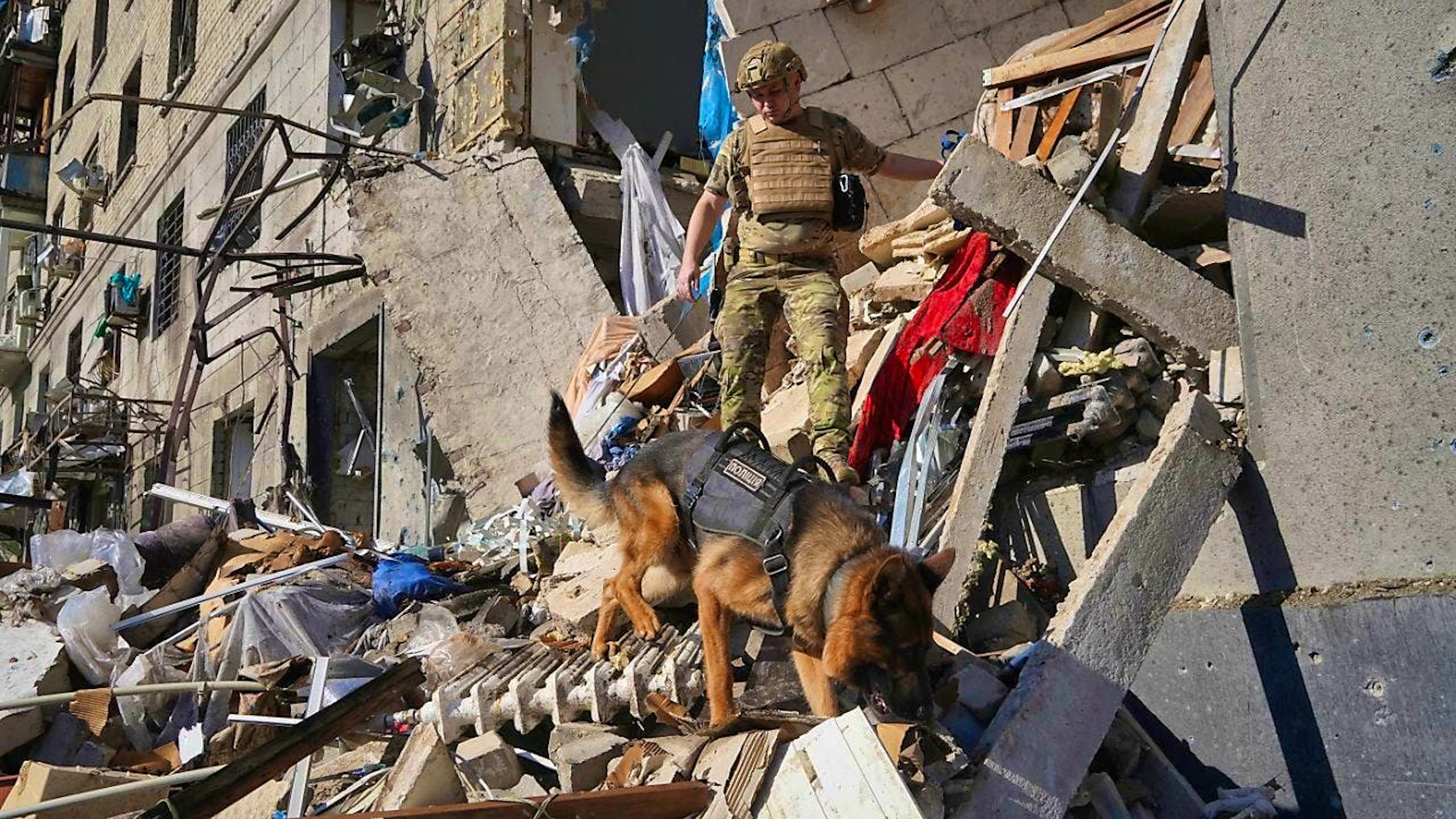 A rescue worker searches with a dog for victims in a residential building that was damaged after a Russian bomb attack. Photo: Andrii Marienko/AP/dpa