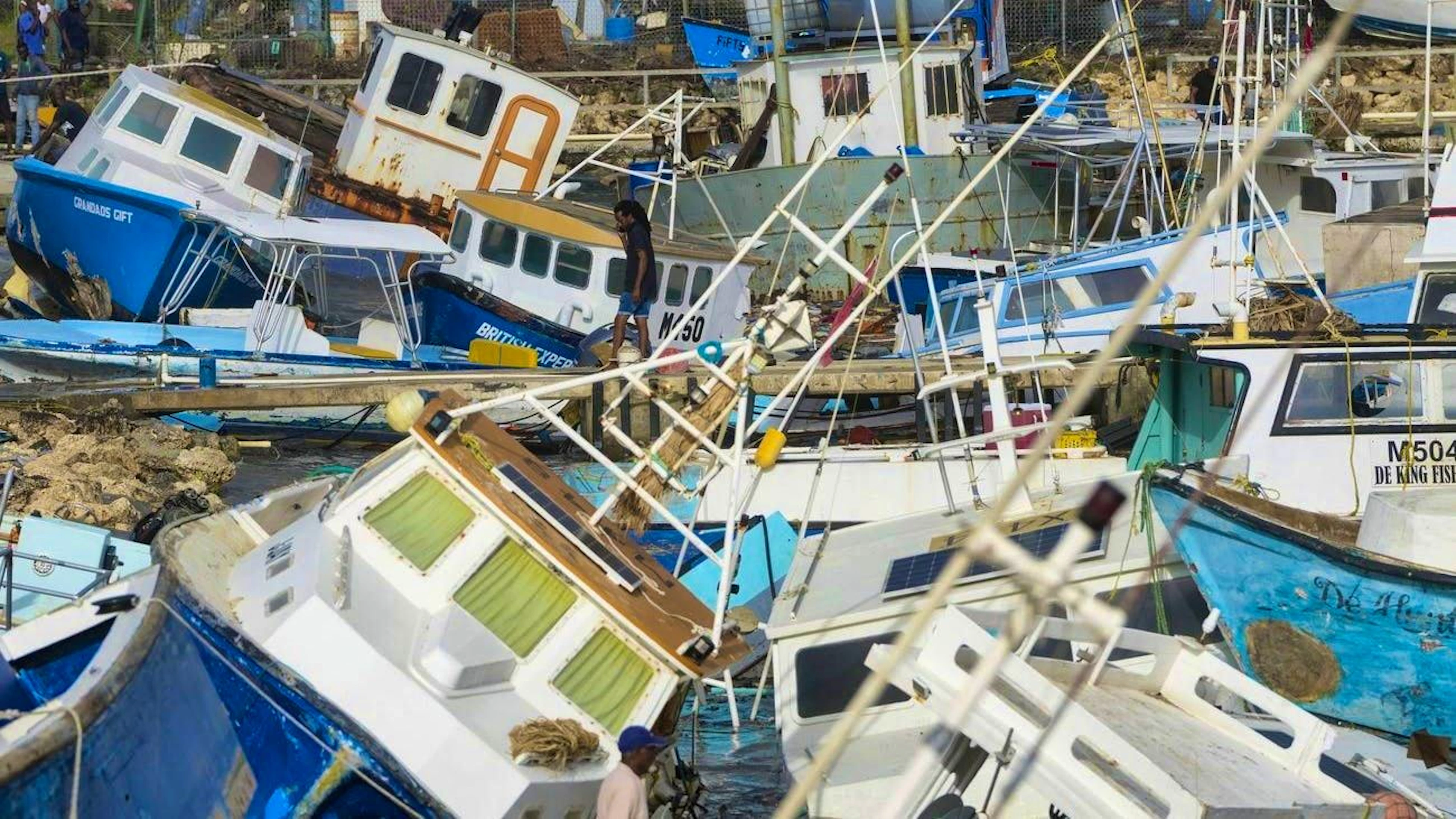 Fishing boats tangled up by "Beryl" in Barbados. (July 1, 2024)