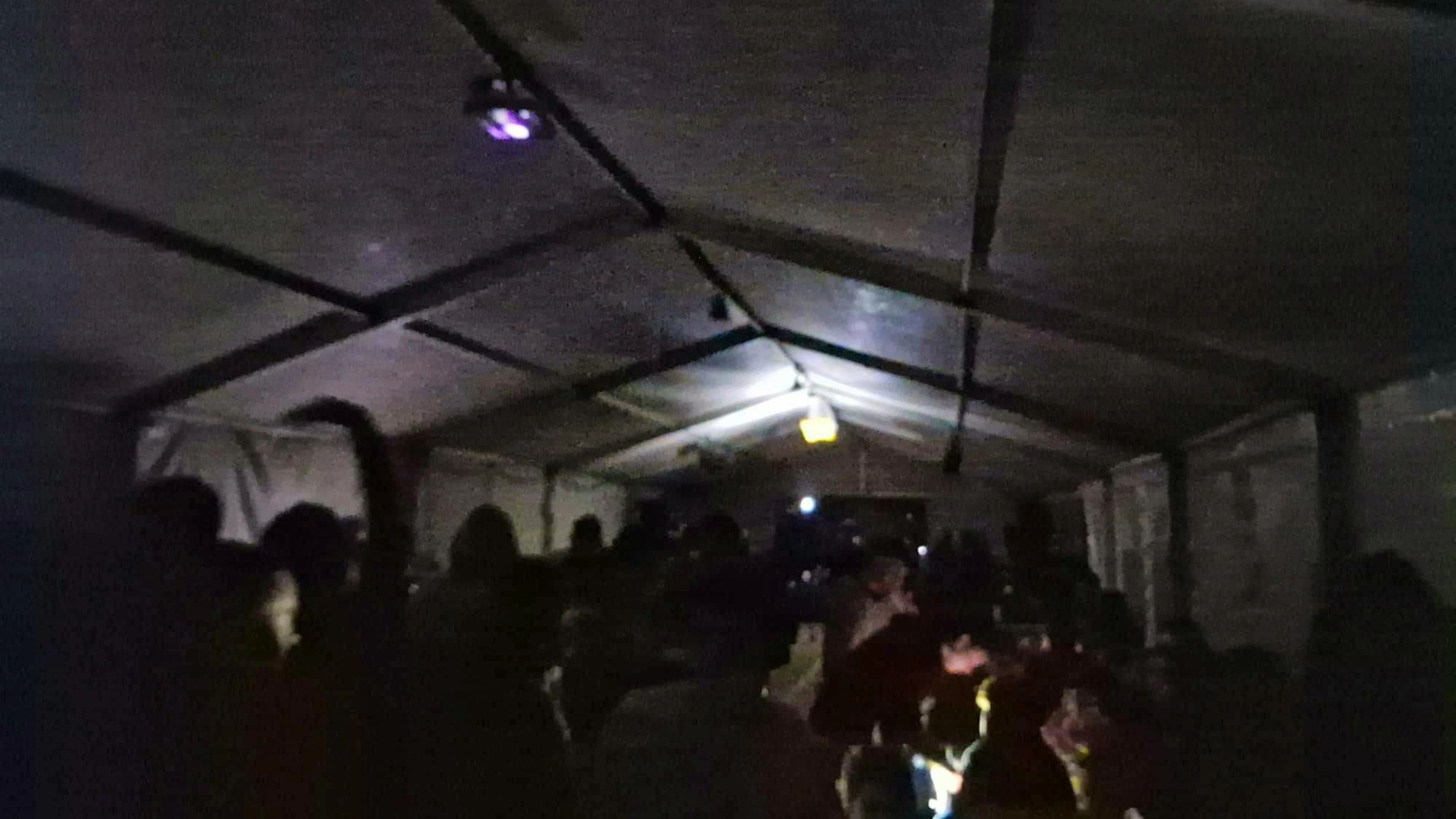 Heavy rain and power failure in the marquee around midnight.