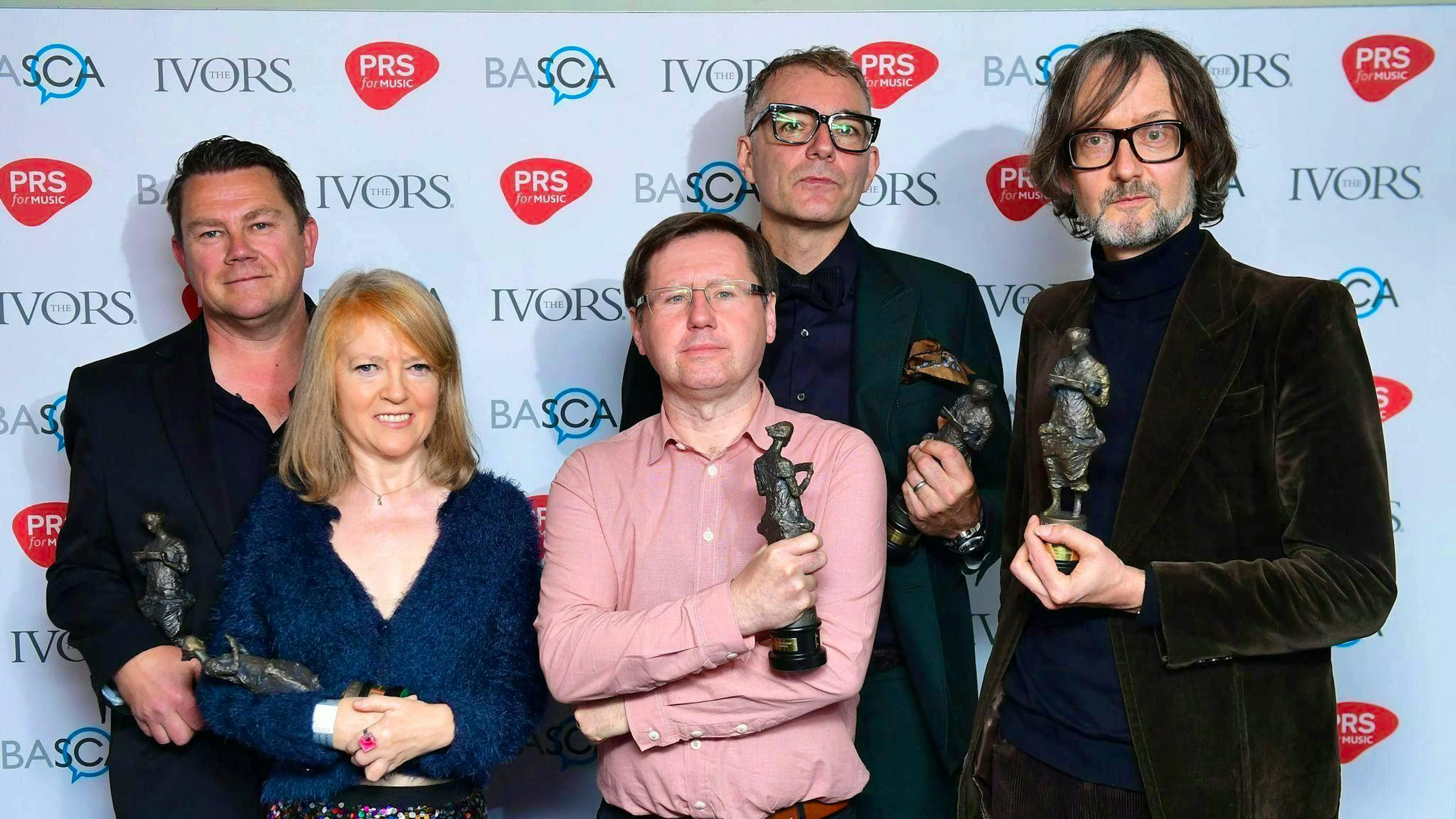 Nick Banks, Candida Doyle, Mark Webber, Steve Mackey and Jarvis Cocker (from left to right) from Pulp.