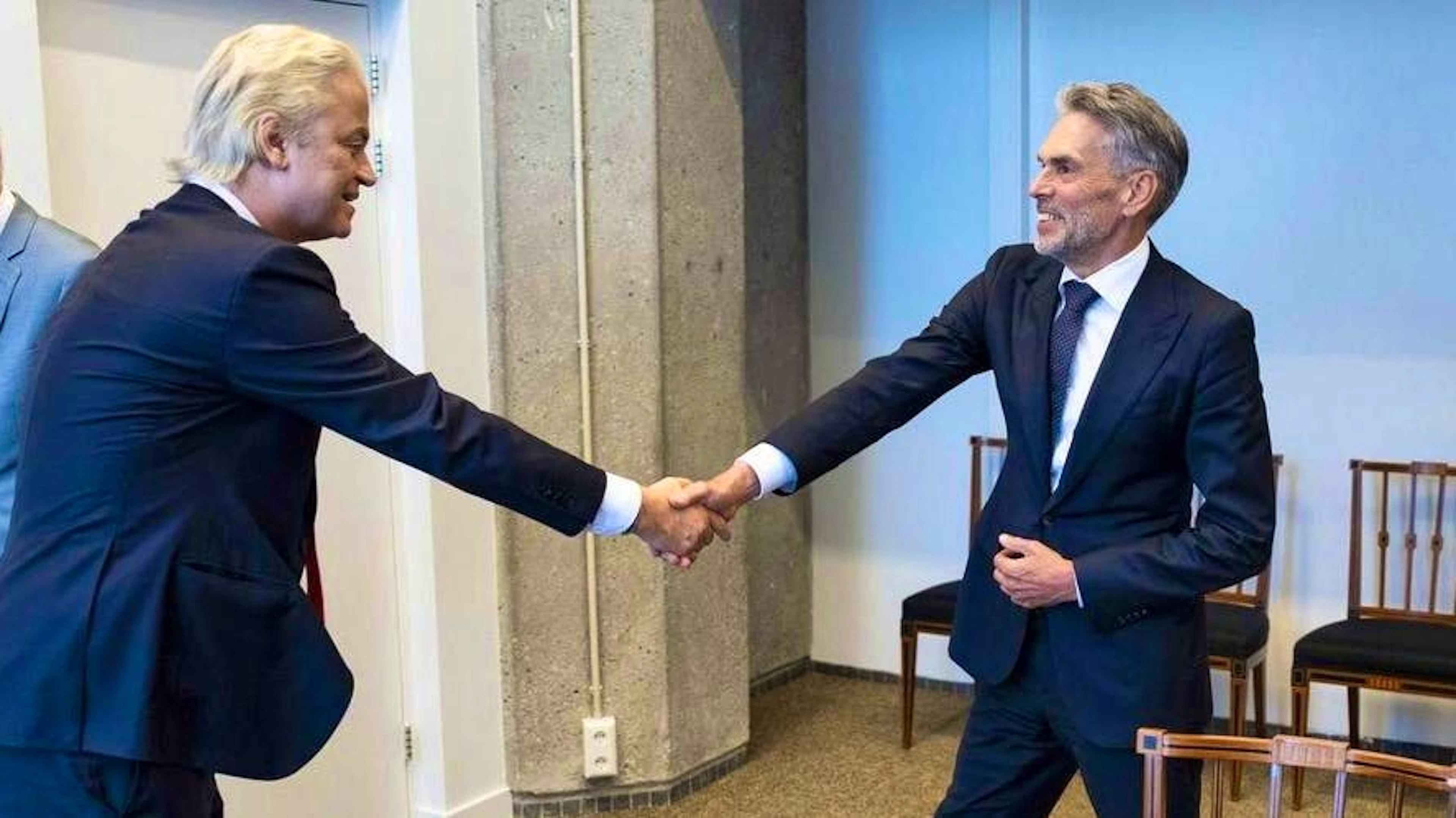 Dick Schoof (right) welcomes Geert Wilders in The Hague on May 28.