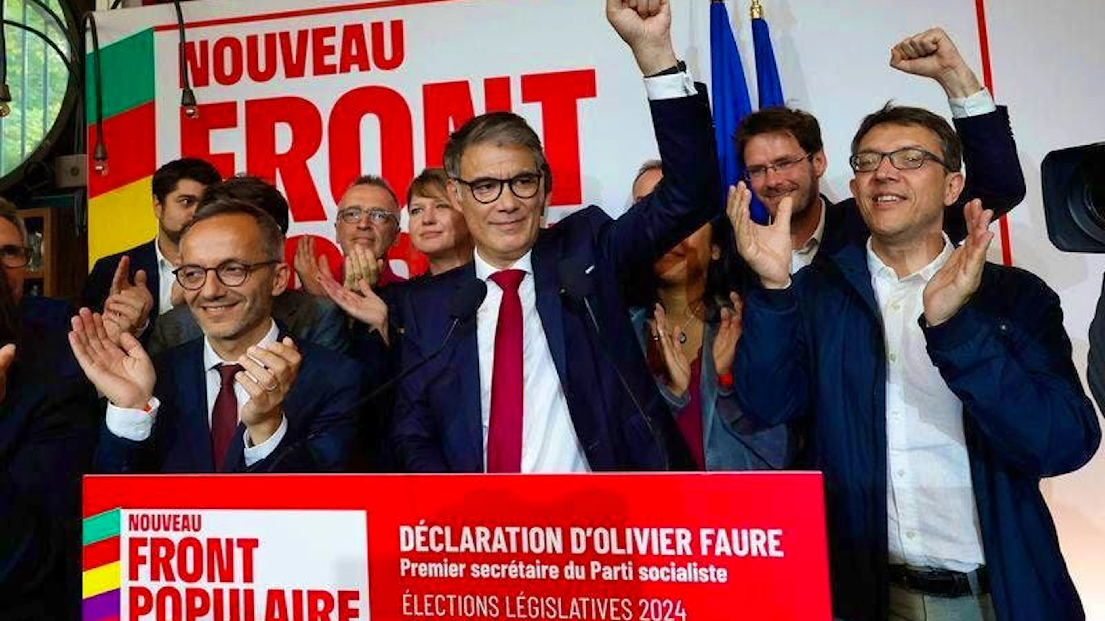 Olivier Faure, First Secretary of the Socialist Party, clenches his fist after the second round of the parliamentary elections at an event organized by his party on election night.