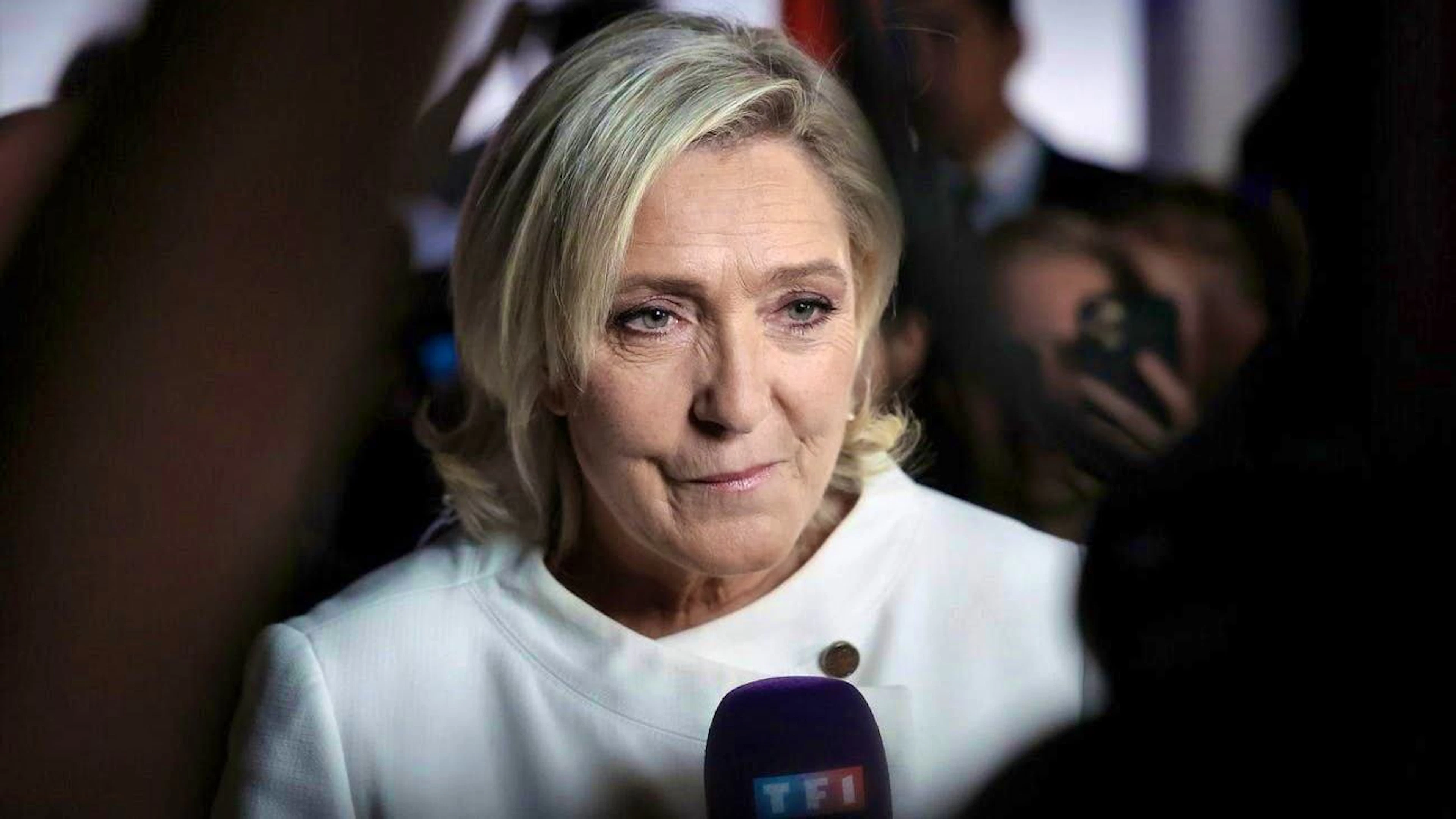 Marine Le Pen at the Rassemblement National party headquarters in Paris on Sunday.