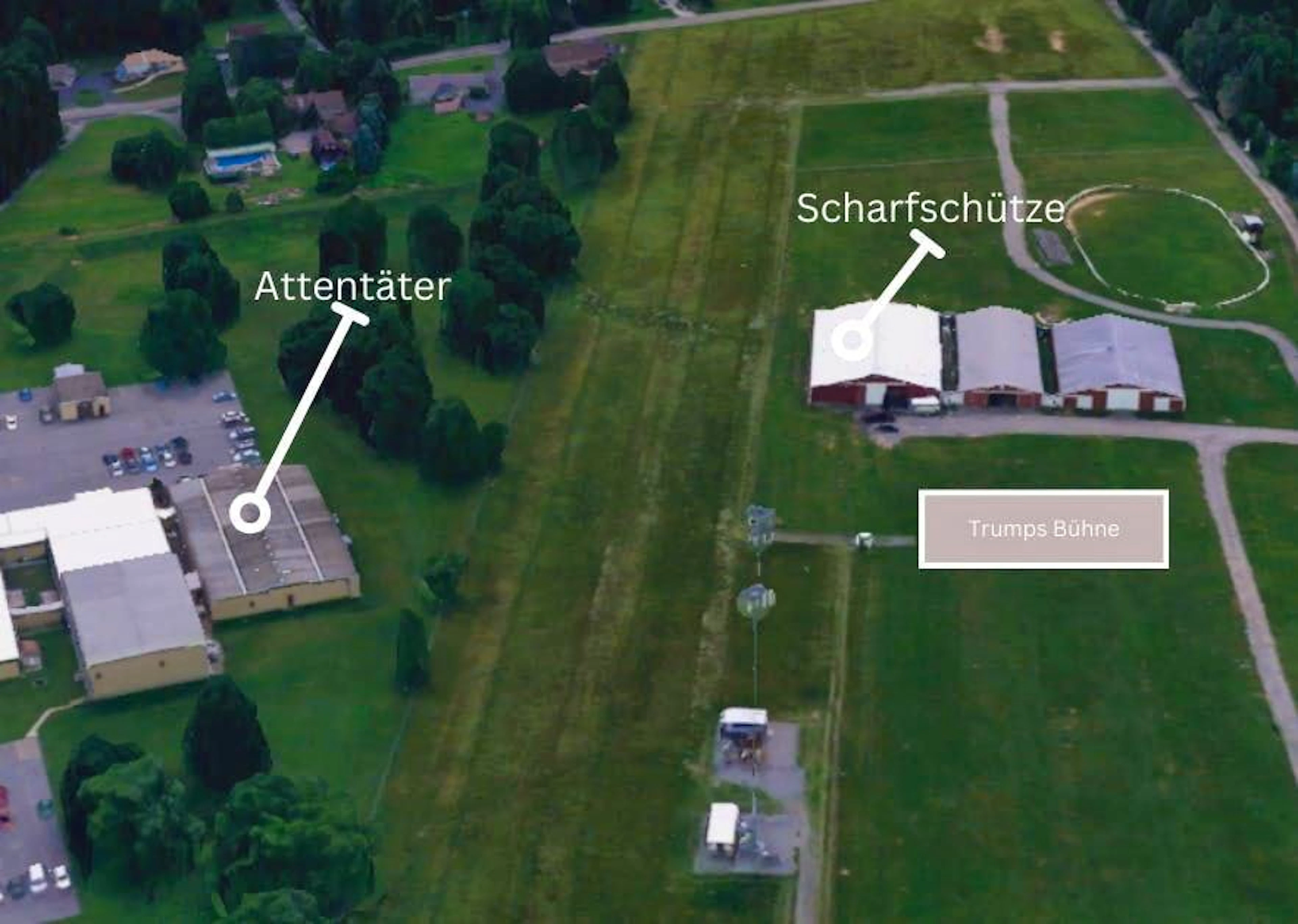 This graphic shows the positions of the various parties in the assassination attempt on Donald Trump in Boulder, PY, on July 13, 2024. 