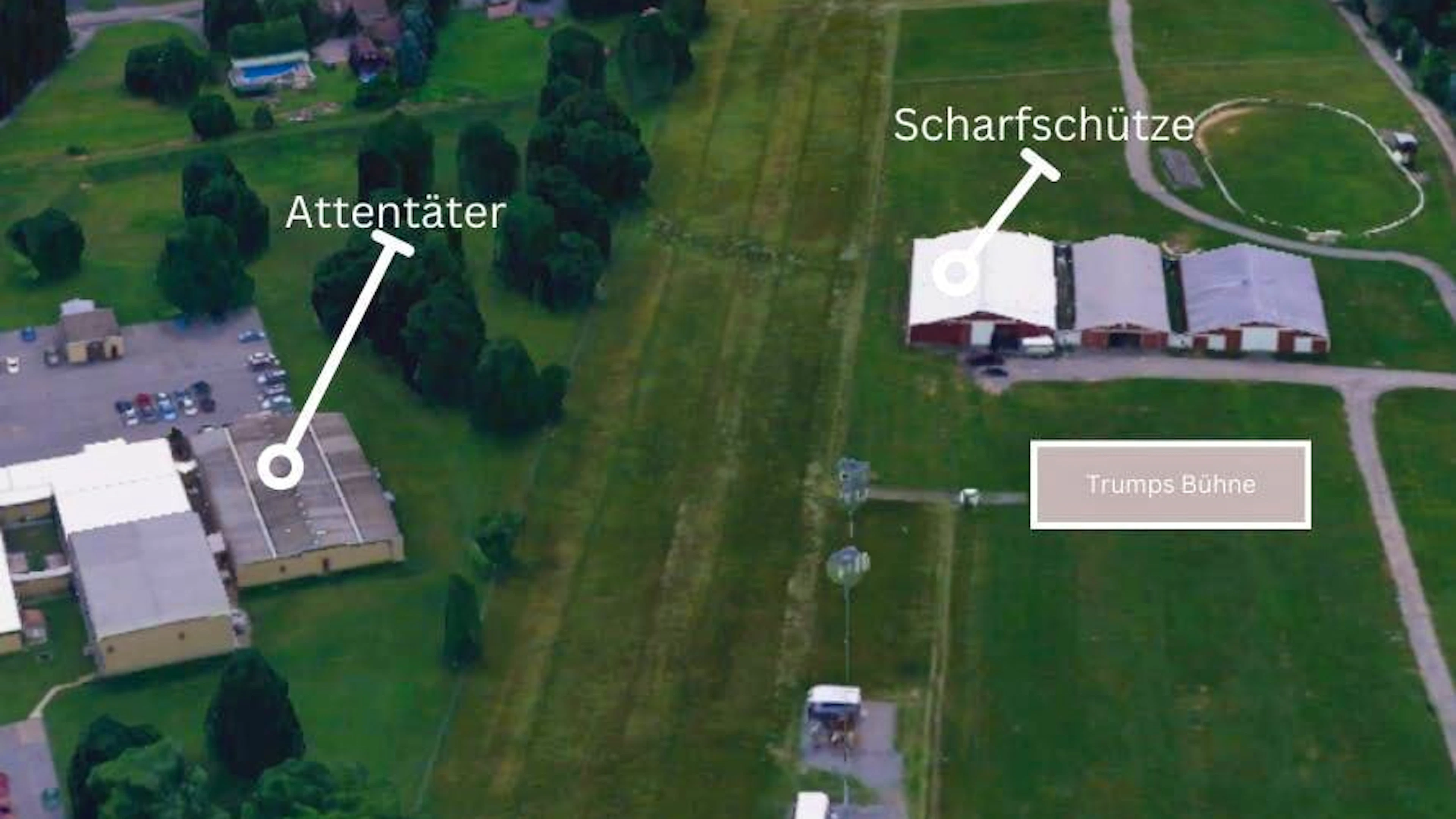 Le posizioni delle varie parti in causa nell'attentato a Donald Trump a Boulder, PY, il 13 luglio 2024. Attentäter = attentatore, Scharfschütze= tiratore scelto dei Servizi segreti, Trumos Bühne = palco da dove parlava Trump.