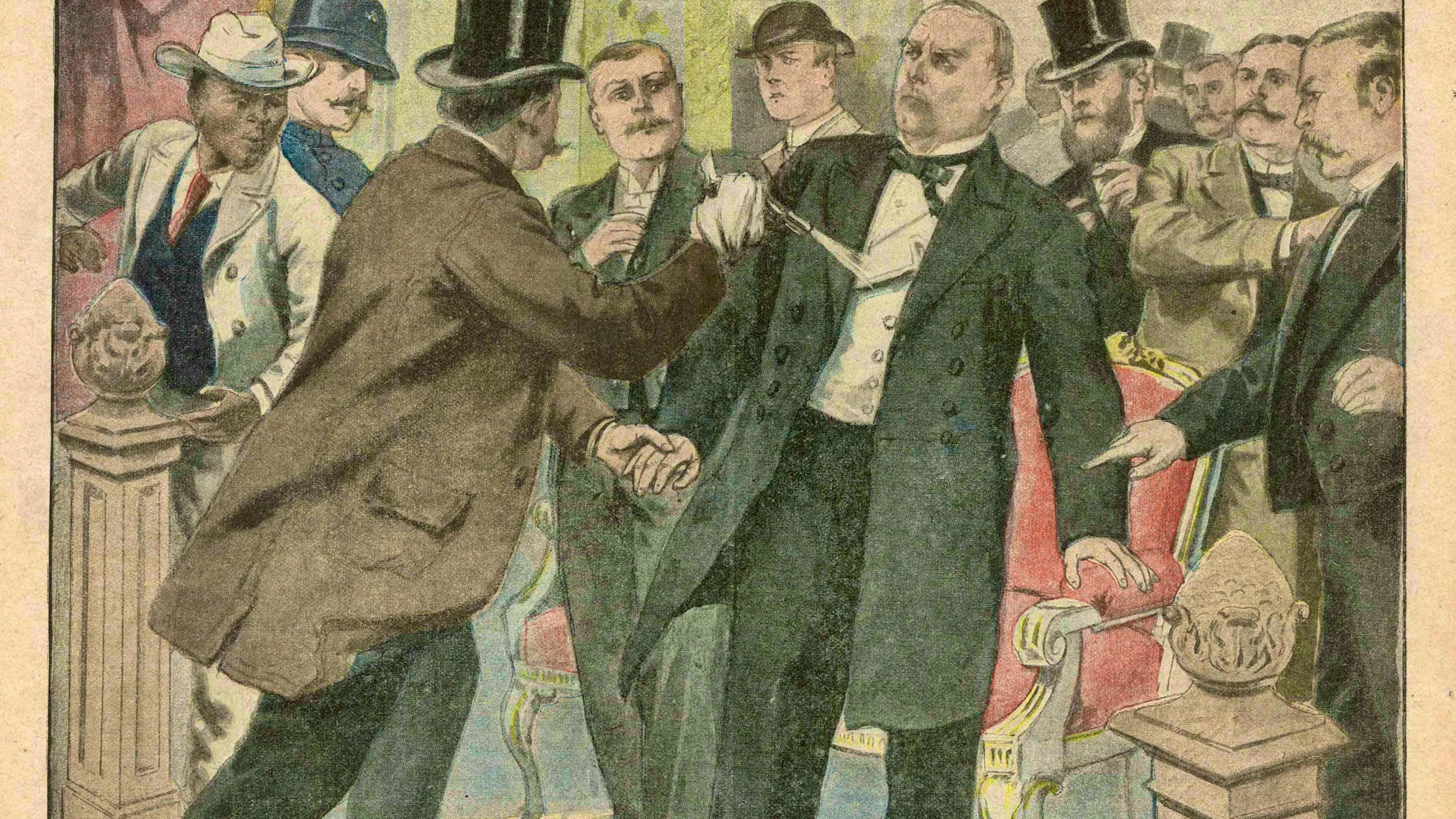 1901: William McKinley - killed: US President William McKinley is shot at close range in Buffalo, New York, in September 1901. After a speech at the Pan-American Exposition, he was shaking hands with several people when the anarchist Leon Czolgosz pointed a gun at him and pulled the trigger. At first it appears that the injuries are not fatal, but then gangrene sets in and McKinley dies. Assassin Czolgosz is executed in the electric chair.
