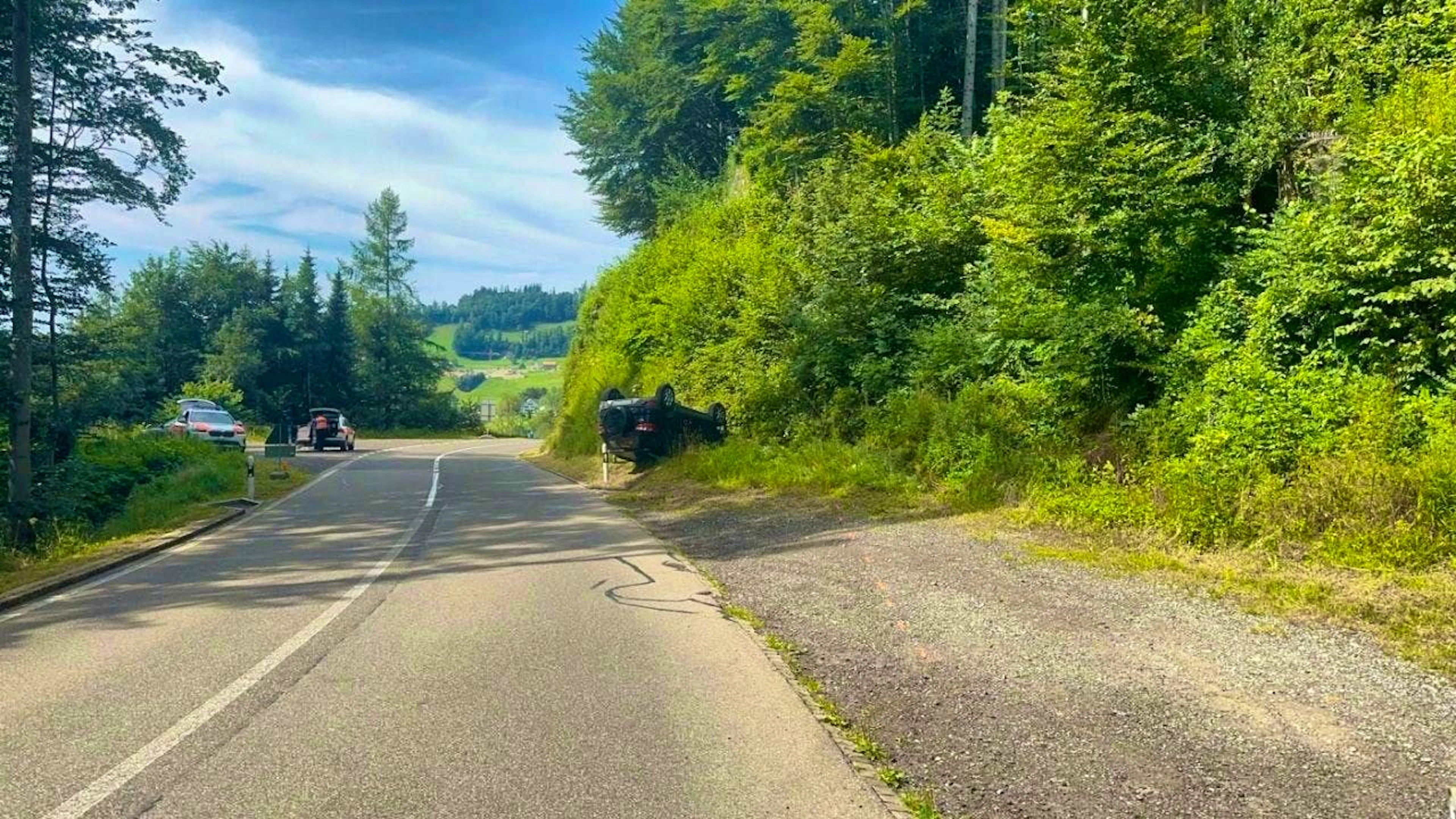 The 59-year-old woman's car overturned and came to a halt lying on its roof in a meadow verge.