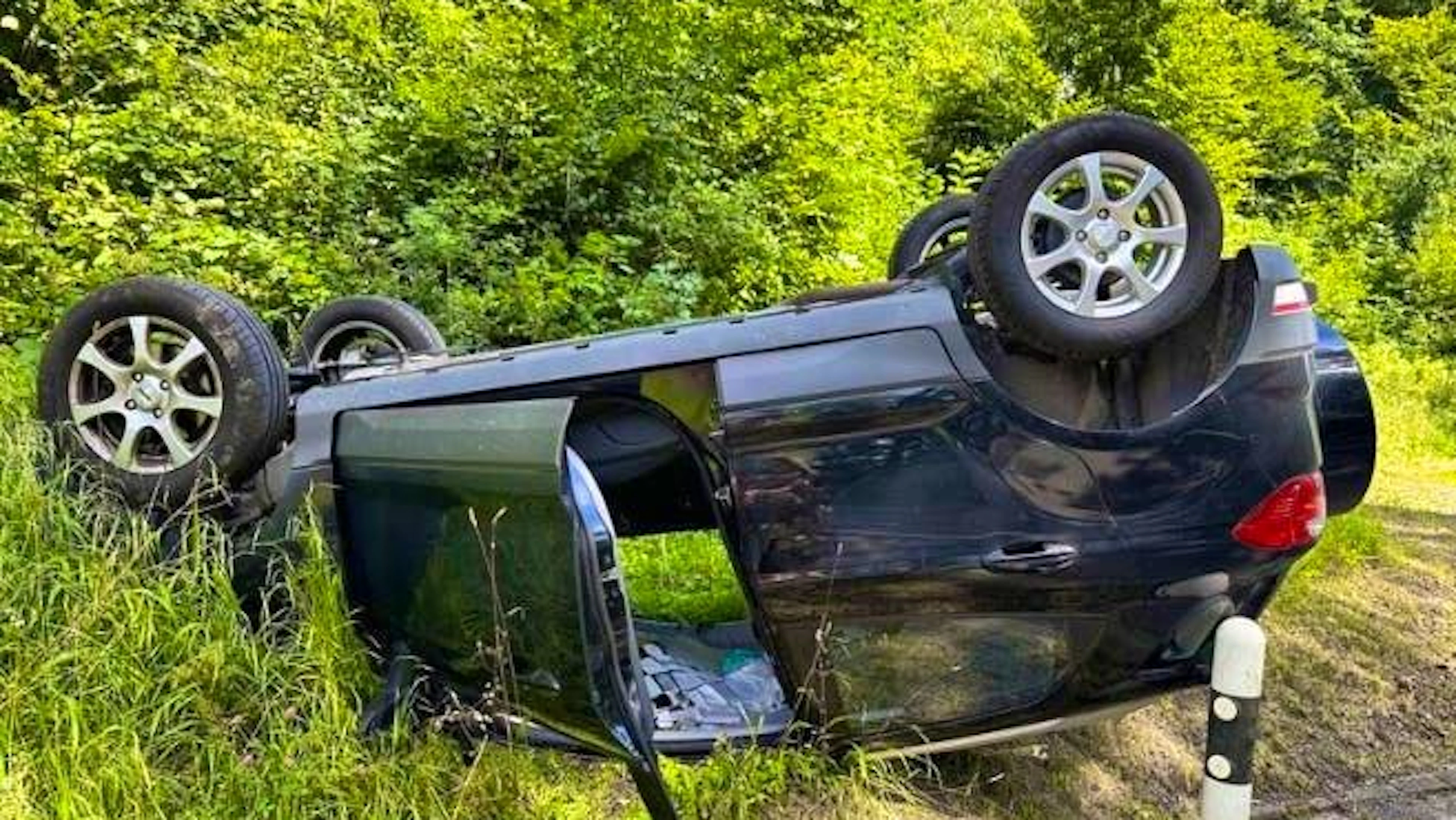 The car overturned in a meadow verge.