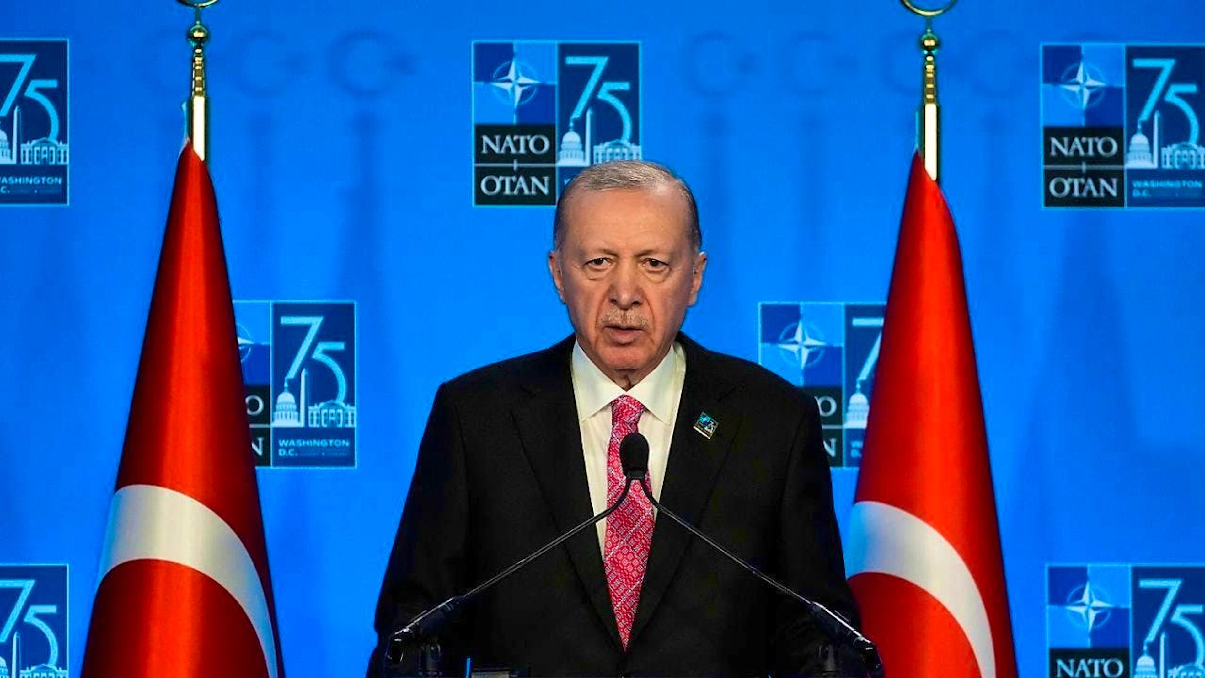 ARCHIVE - Turkish President Recep Tayyip Erdogan speaks during a press conference at the NATO summit in Washington. (to dpa: "Erdogan threatens Israel with military interference") Photo: Stephanie Scarbrough/AP/dpa