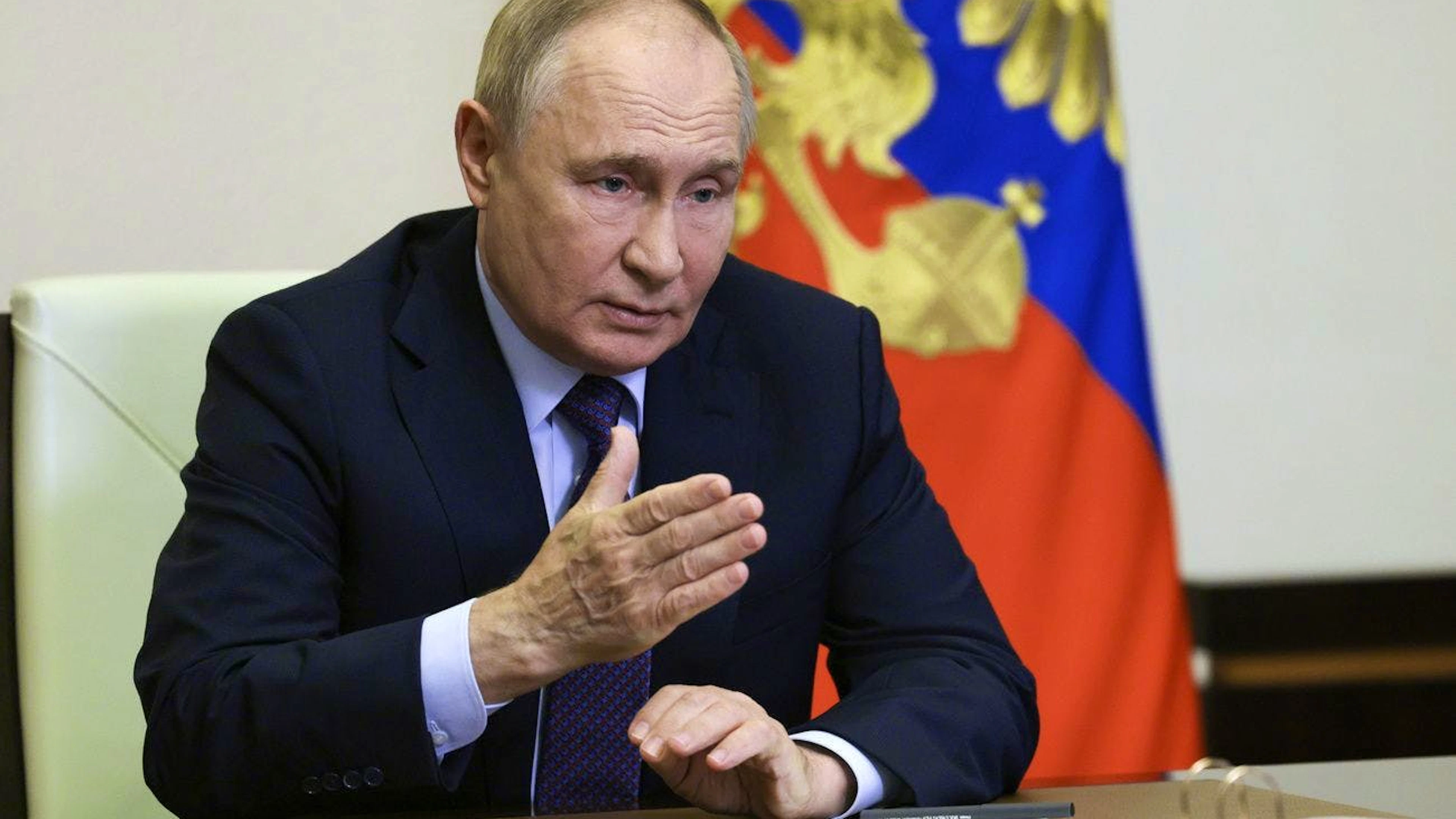 Russian President Vladimir Putin chairs a meeting with members of the Security Council via video conference at the Novo-Ogaryovo state residence, outside Moscow, Russia, Friday, Aug. 23, 2024. (Aleksey Babushkin, Sputnik, Kremlin Pool Photo via AP)