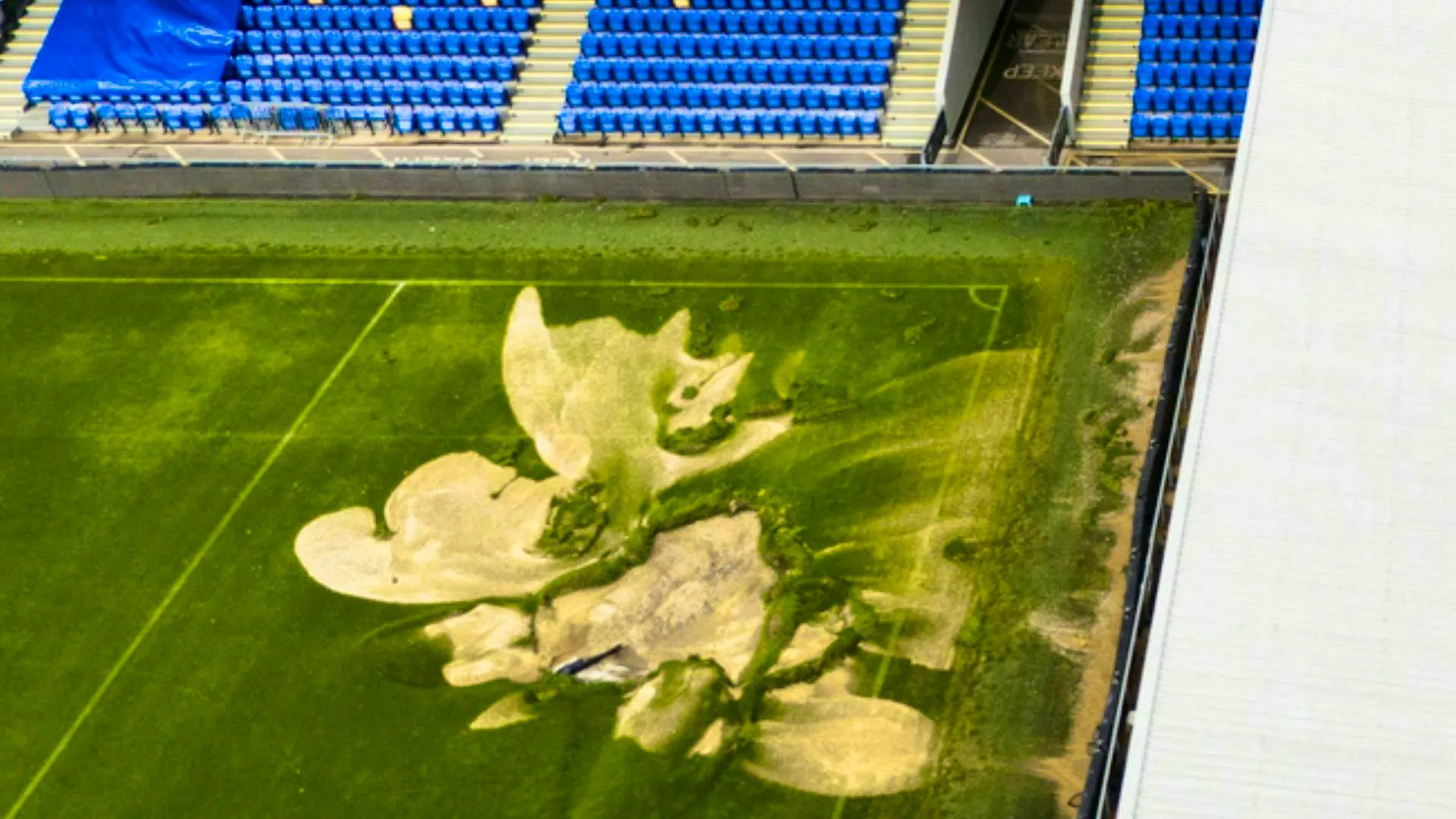 Pitgh Hole in pitch - flooding destroys AFC Wimbledon pitch