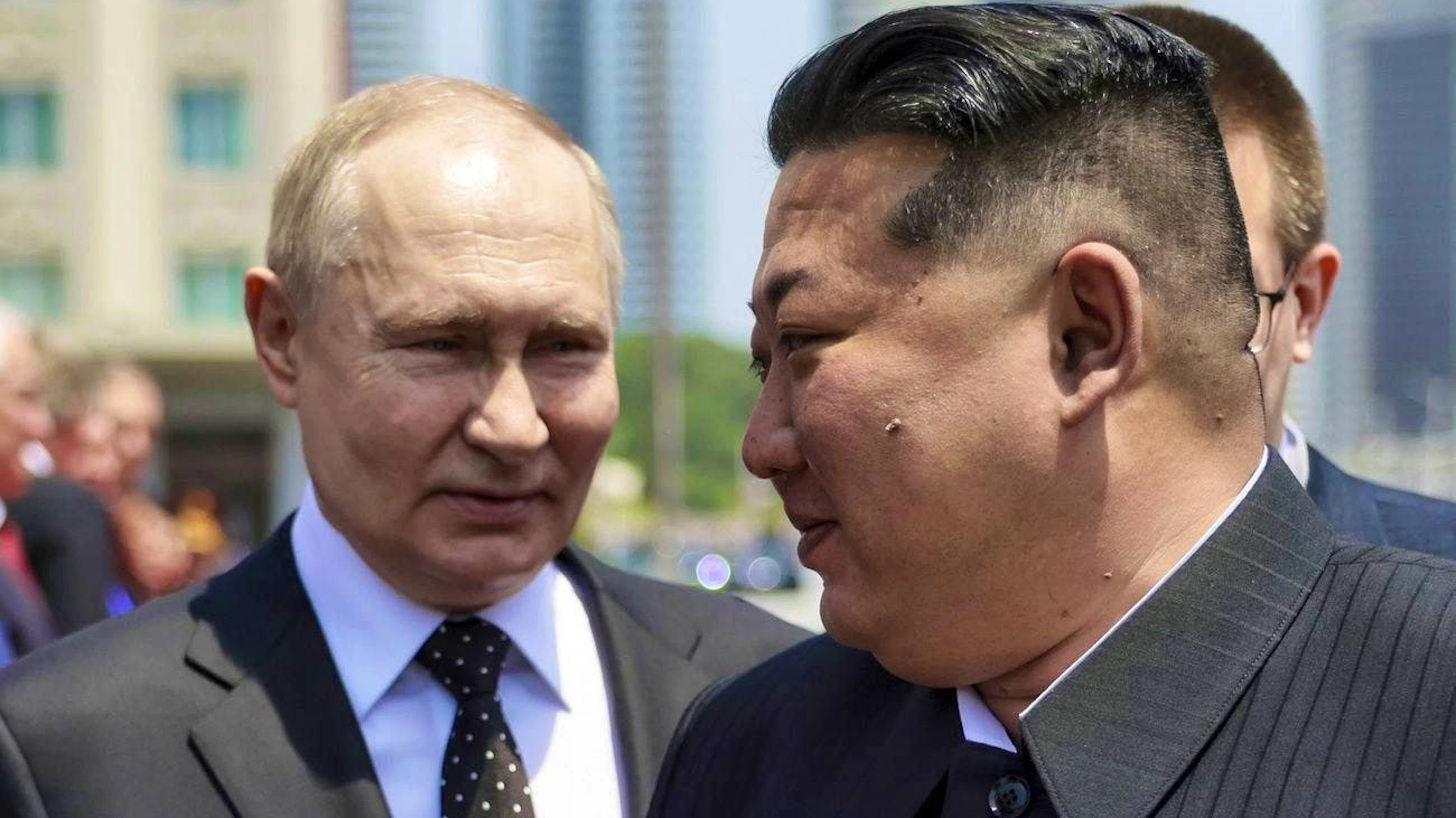 Vladimir Putin (left) and Kim Jong-un in Pyongyang on June 19.