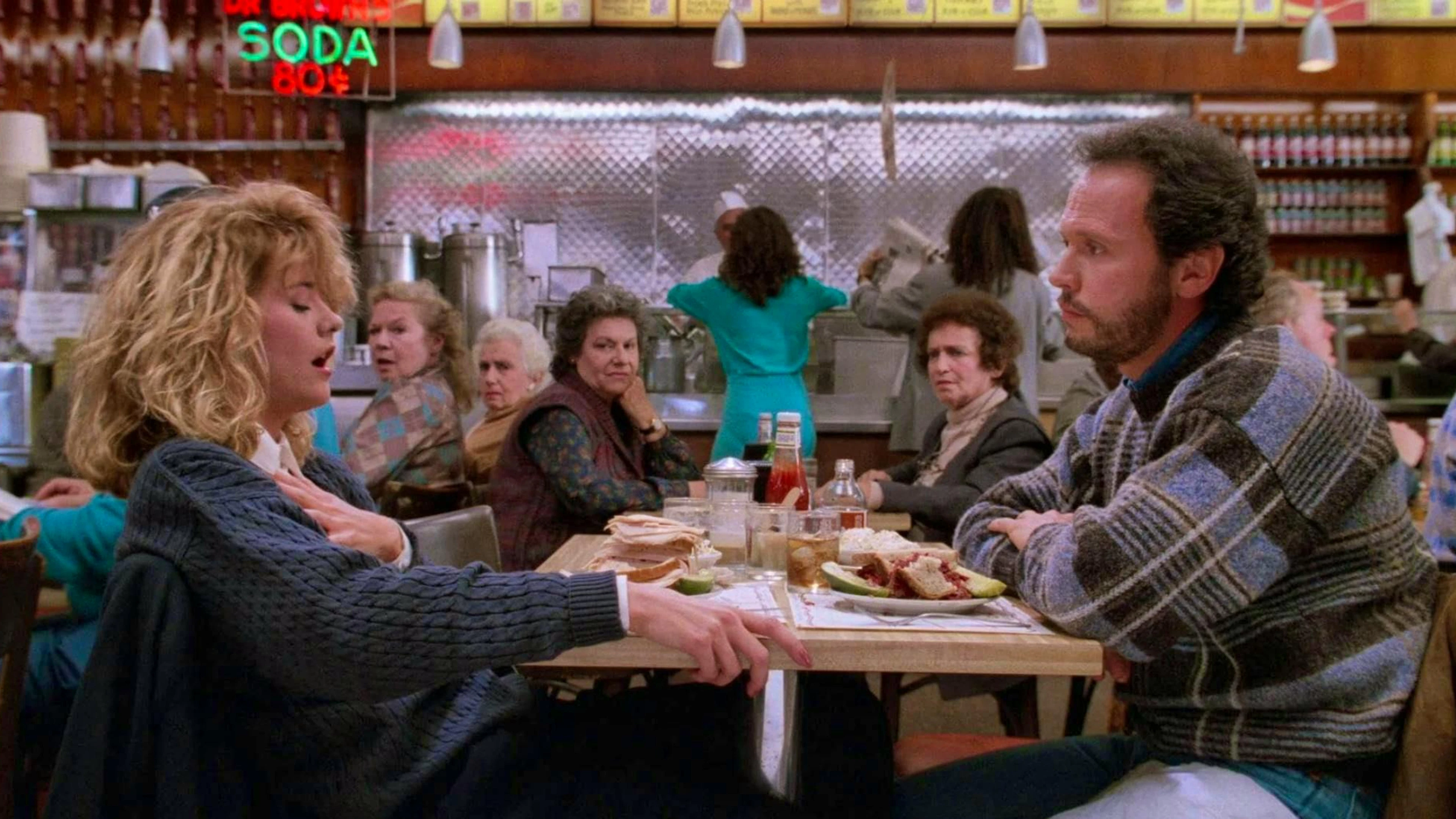 In the movie "When Harry Met Sally", Meg Ryan fakes an orgasm in a diner. Billy Crystal (right) watched the movie with Princess Diana at the premiere.