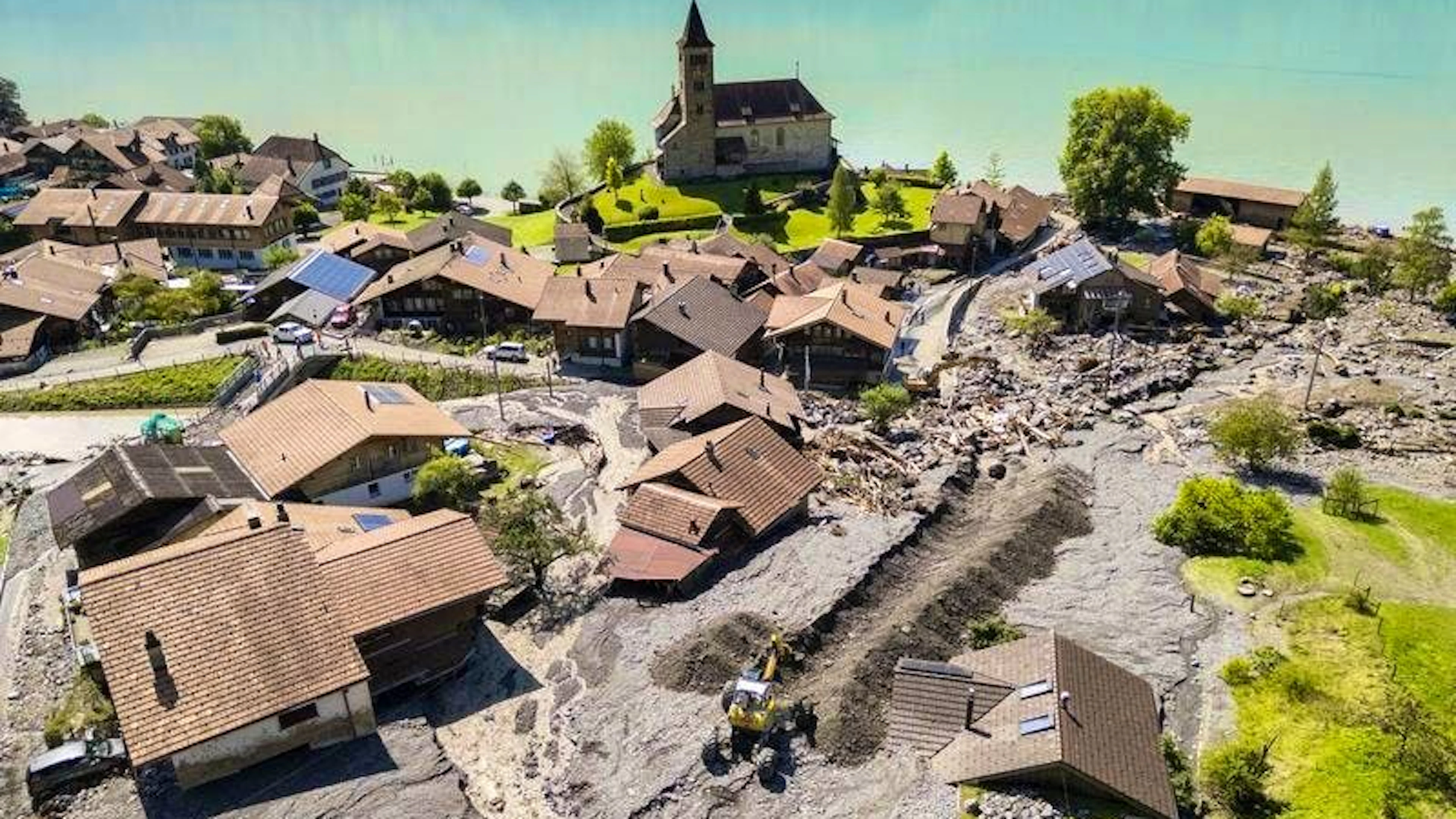 A mudslide has devastated part of the village of Brienz (aerial photo taken by drone on 13.08.2024)
