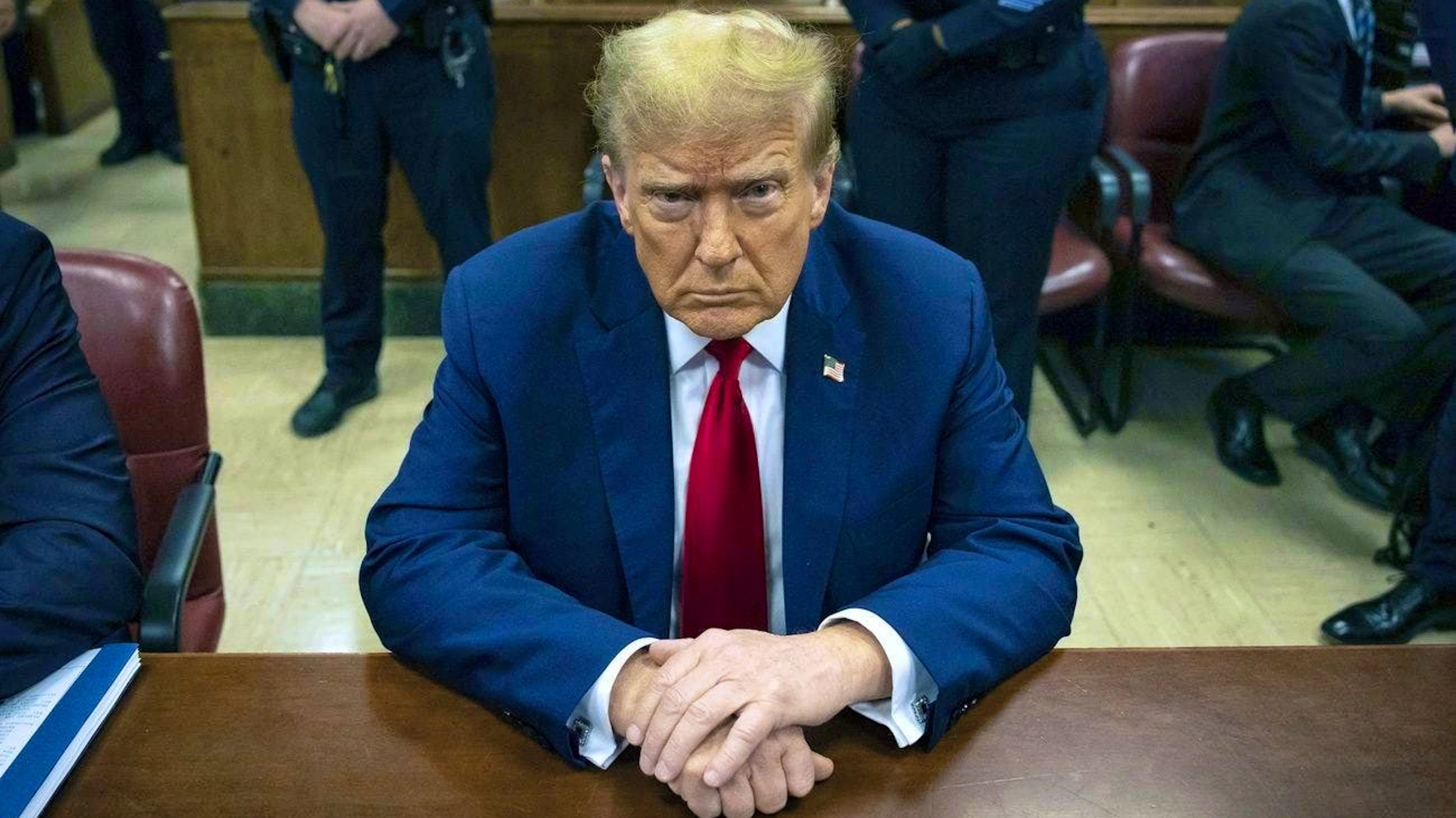 The now re-elected Donald Trump at the trial for hush money payments to a porn star in court in Manhattan. (April 23, 2024)