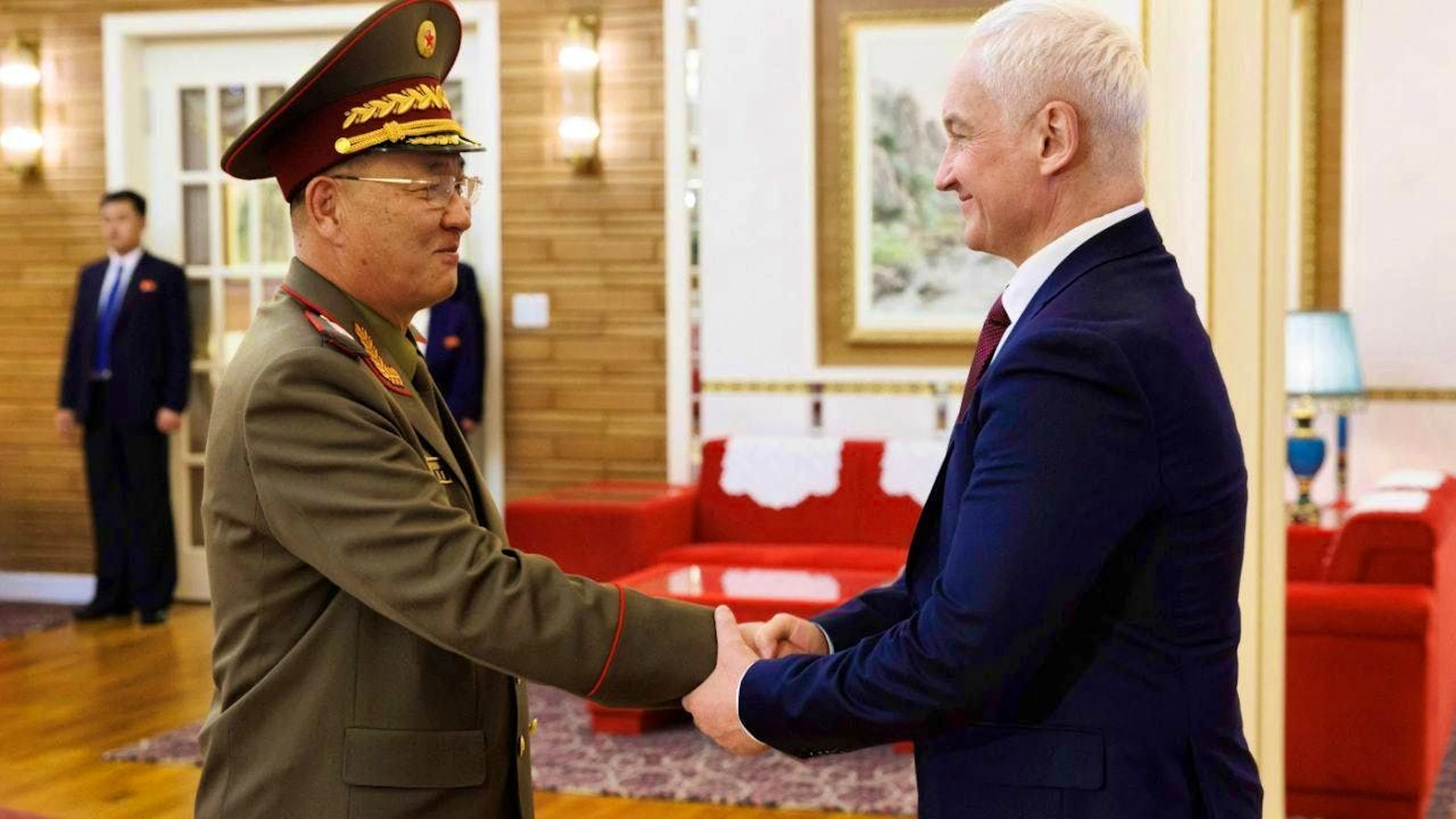 HANDOUT - In this photo released by the Russian Defense Ministry Press Service, North Korean Defense Minister No Kwang Chol and Russian Defense Minister Andrei Belousov shake hands. Photo: Vadim Savitsky/Russian Defense Ministry Press Service/AP/dpa - ATTENTION: For editorial use only and only with full citation of the above credit
