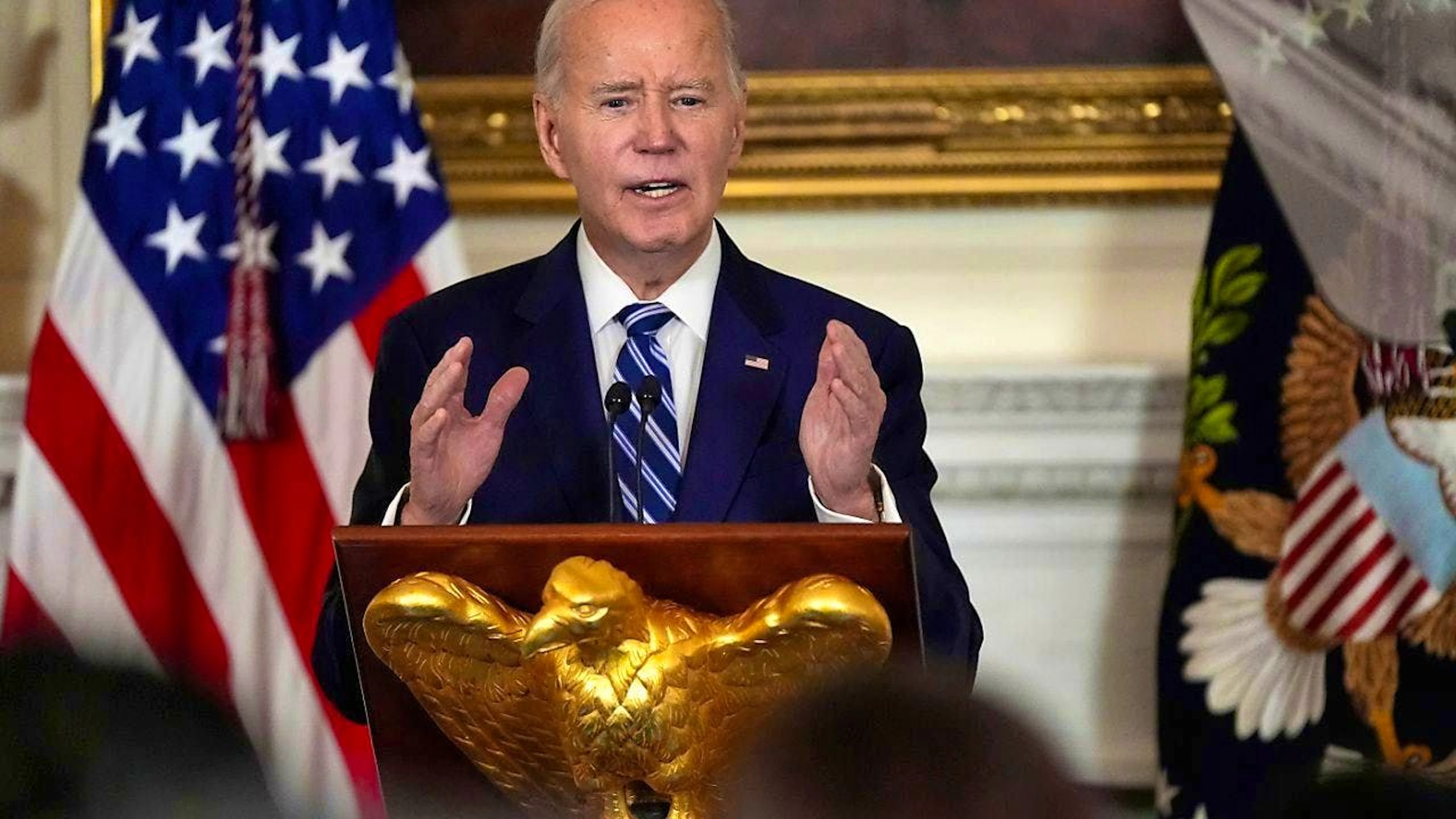 US President Joe Biden speaks at a reception for new Democratic members of Congress in the State Dining Room of the White House. Photo: Manuel Balce Ceneta/AP/dpa