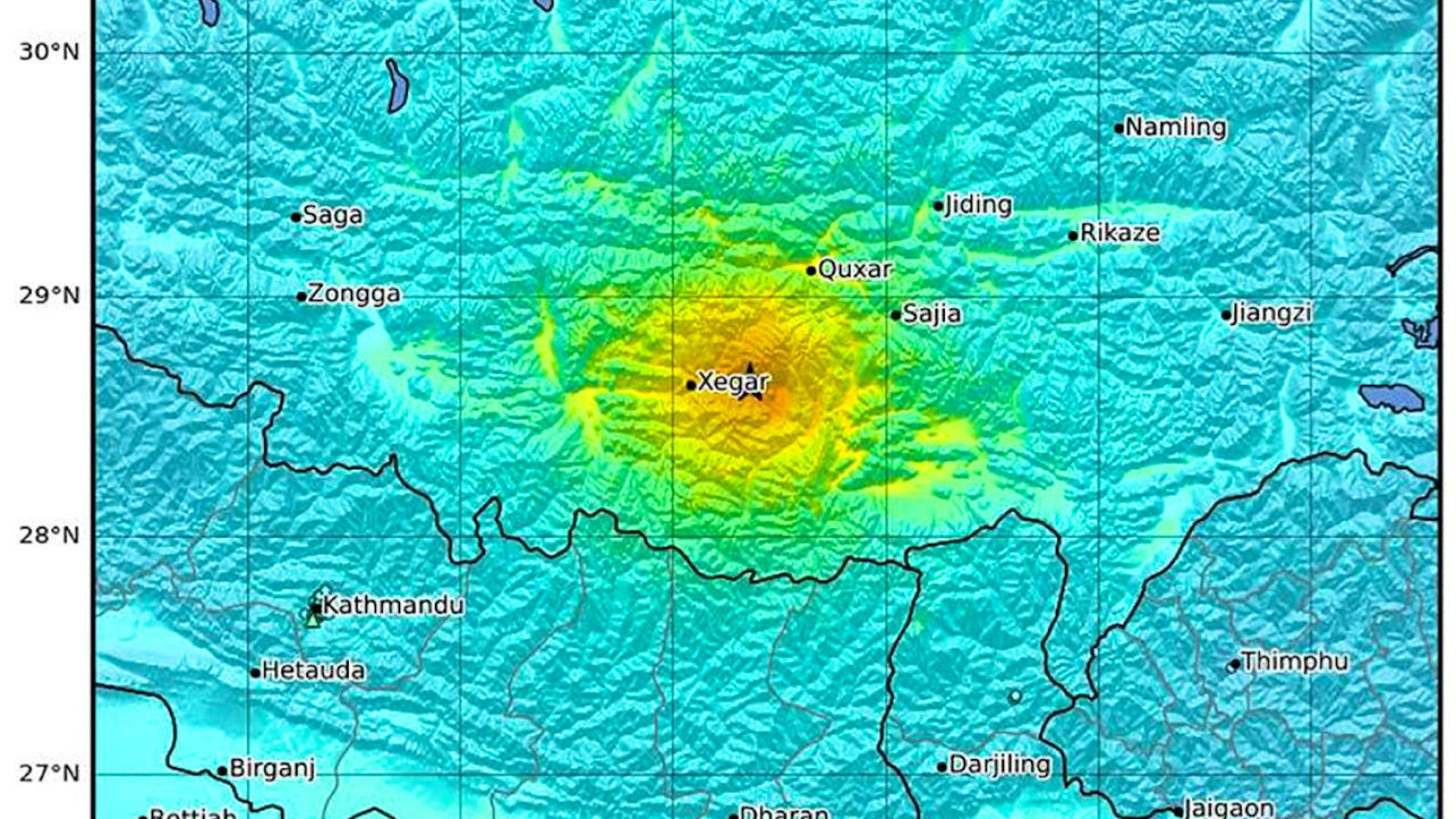 Die Karte des US-Erdbebenzentrums USGS zeigt das Epizentrums des Erdbebens in Tibet. Laut USGS handelt es sich um ein Erdbeben der Stärke 7,1.