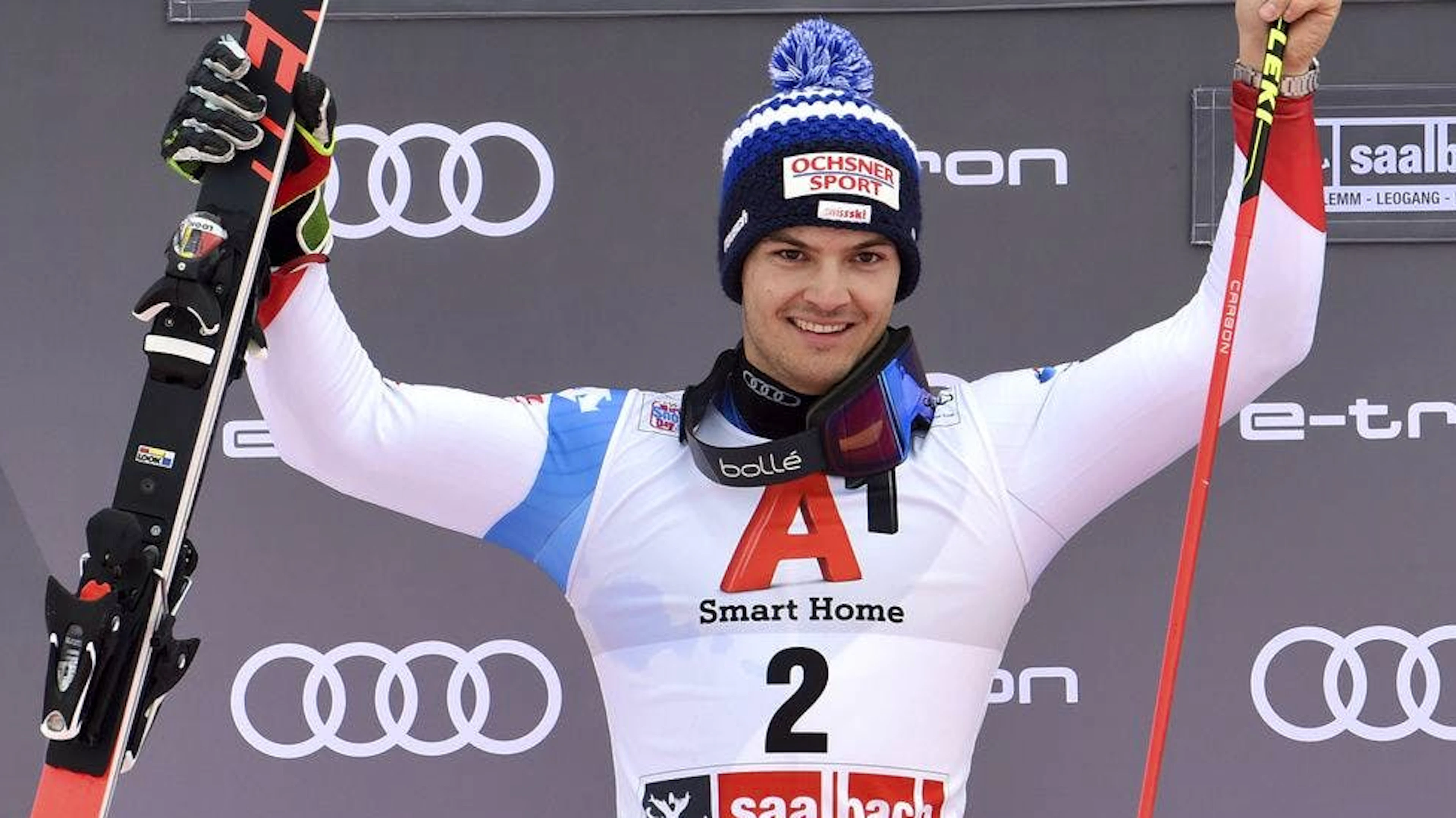 Loic Meillard bei seinem ersten Weltcup-Podest beim Riesenslalom von Saalbach – einen Tag später folgte im Slalom gleich der nächste Podestplatz.