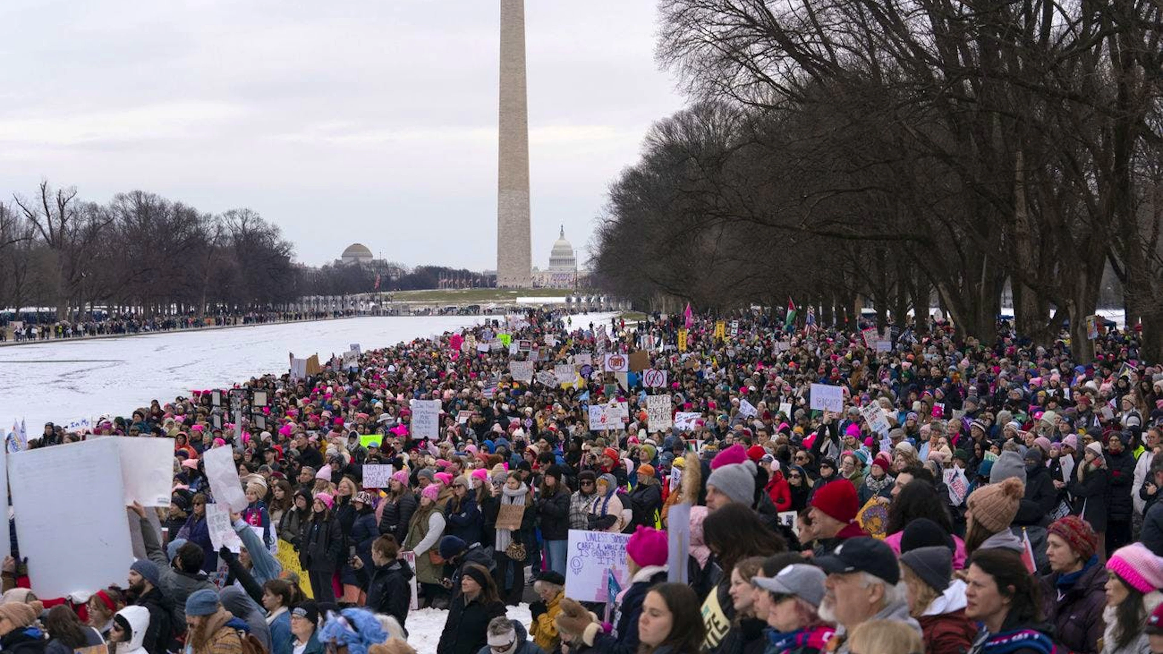 Con il Washington Monument sullo sfondo, i manifestanti protestano contro l'amministrazione entrante del presidente eletto Donald Trump al Lincoln Memorial