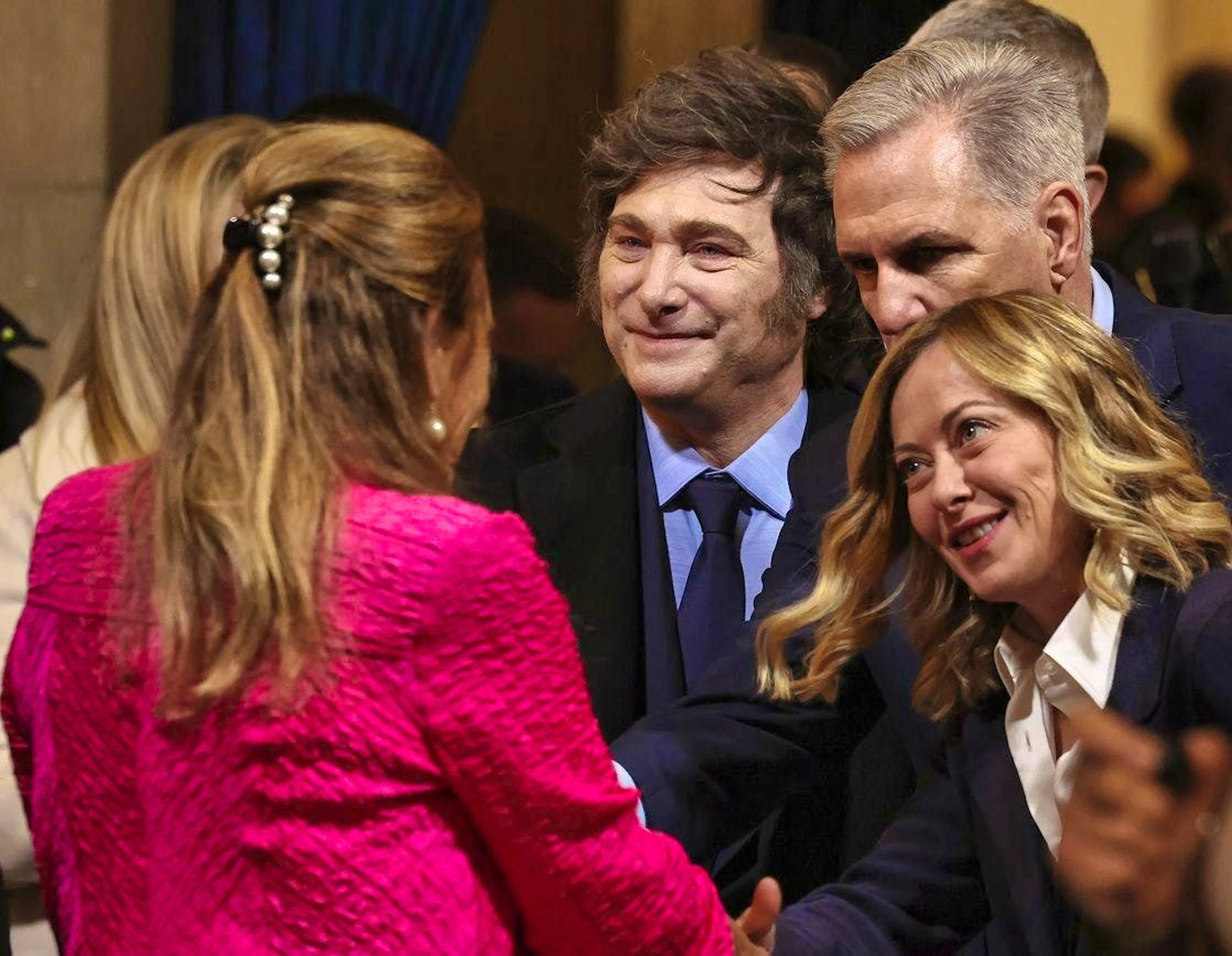 Guests at the Capitol: (from right) Italy's Prime Minister Giorgia Meloni, Republican Kevin McCarthy and Argentina's President Javier Milei.