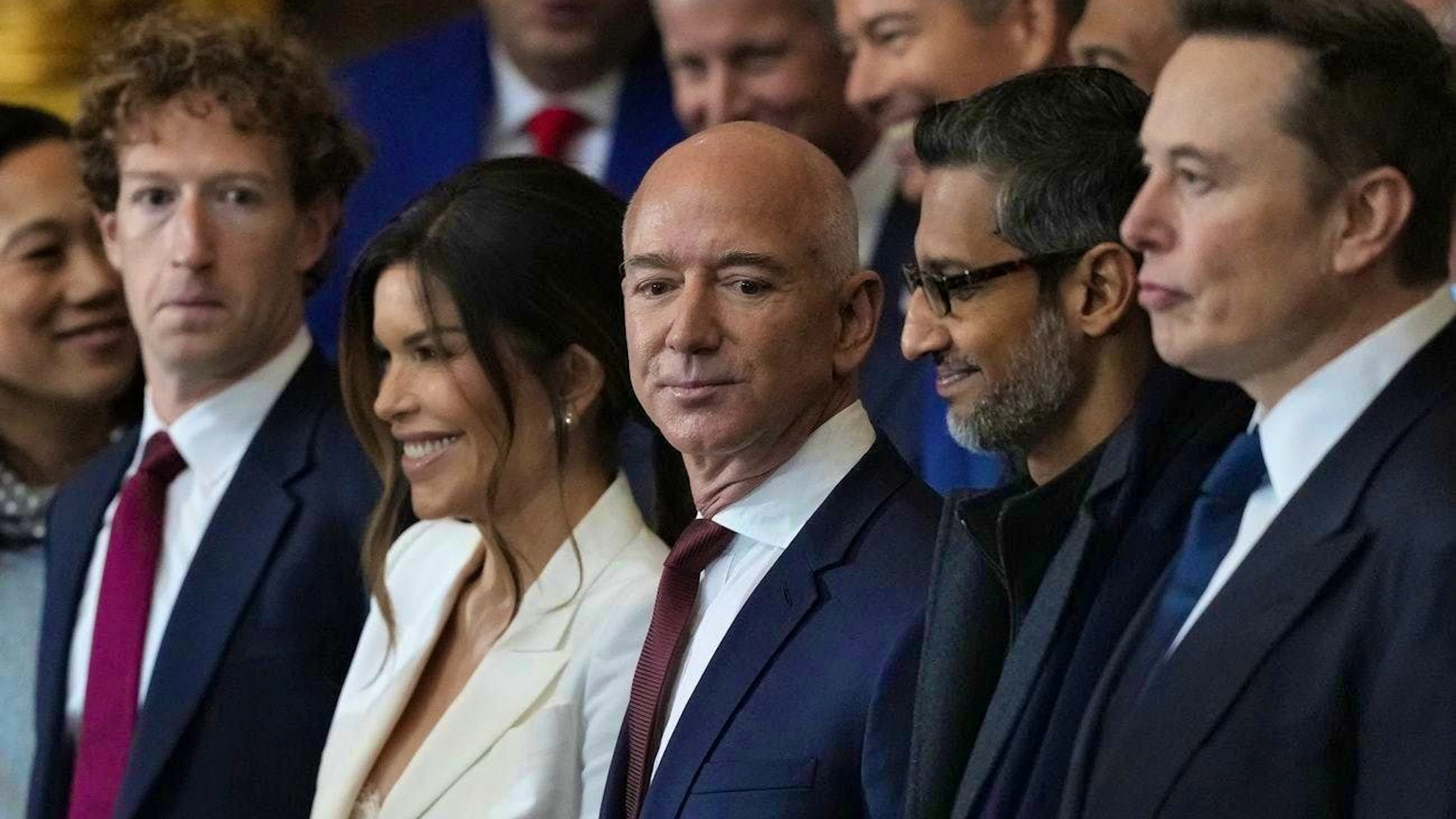 From left: Mark Zuckerberg, Lauren Sanchez, Jeff Bezos, Sundar Pichai and Elon Musk.