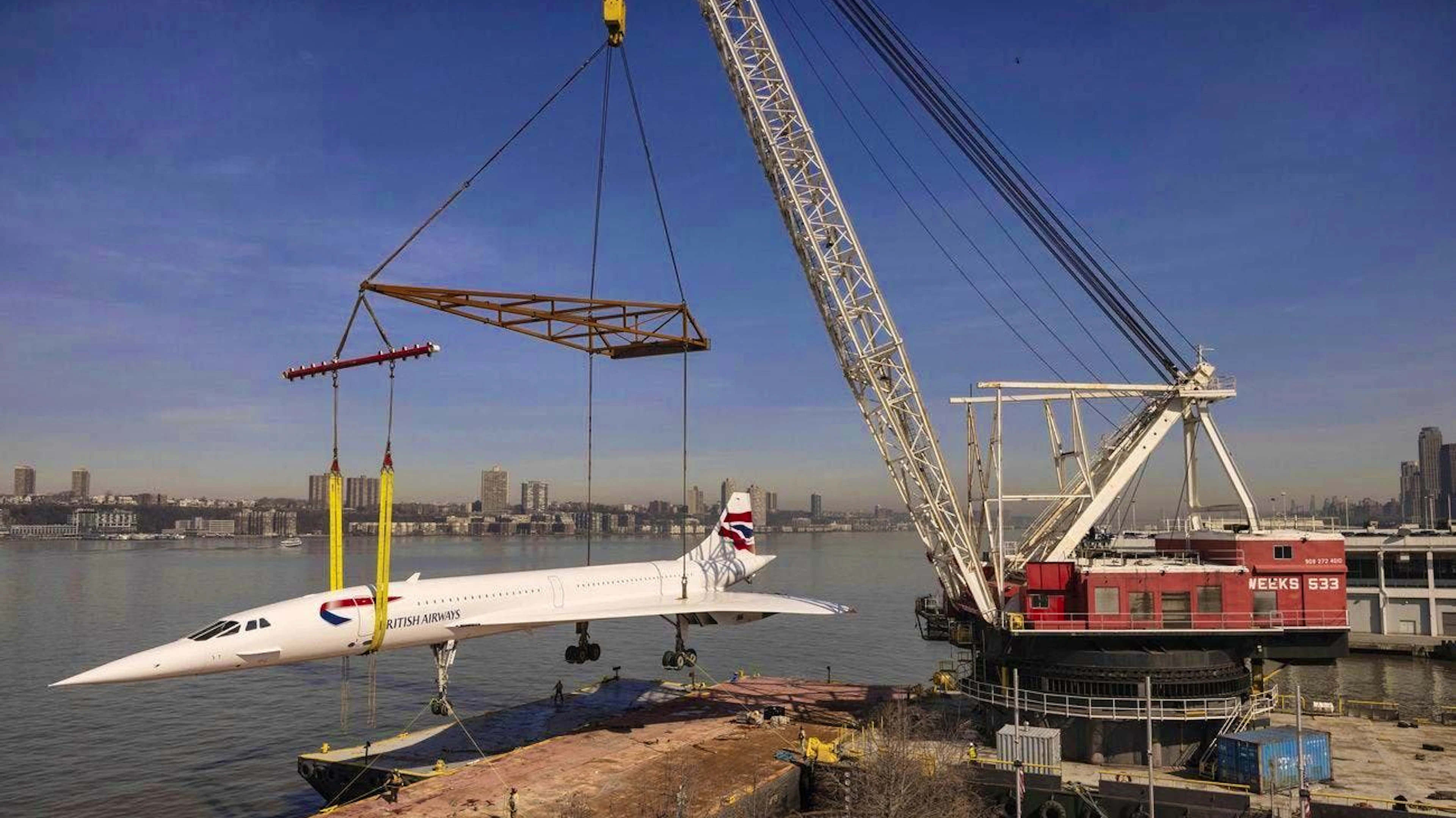 A decommissioned British Airways Concorde is loaded at New York's Intrepid Museum in March 2024.