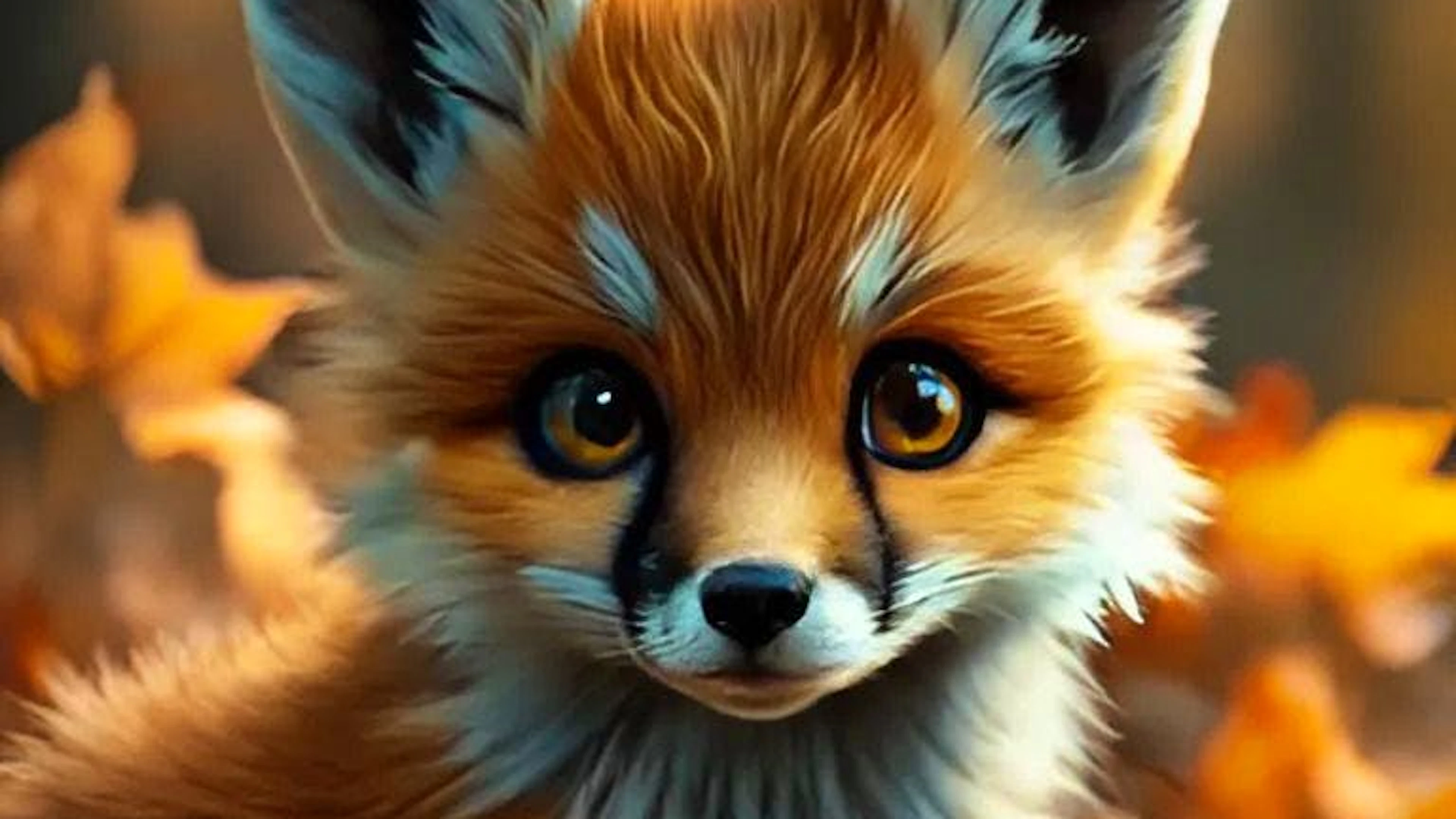A cute and adorable baby fox with big brown eyes, autumn leaves in the background enchanting,immortal,fluffy, shiny mane,Petals,fairyism,unreal engine 5 and Octane Render,highly detailed, photorealistic, cinematic, natural colors.