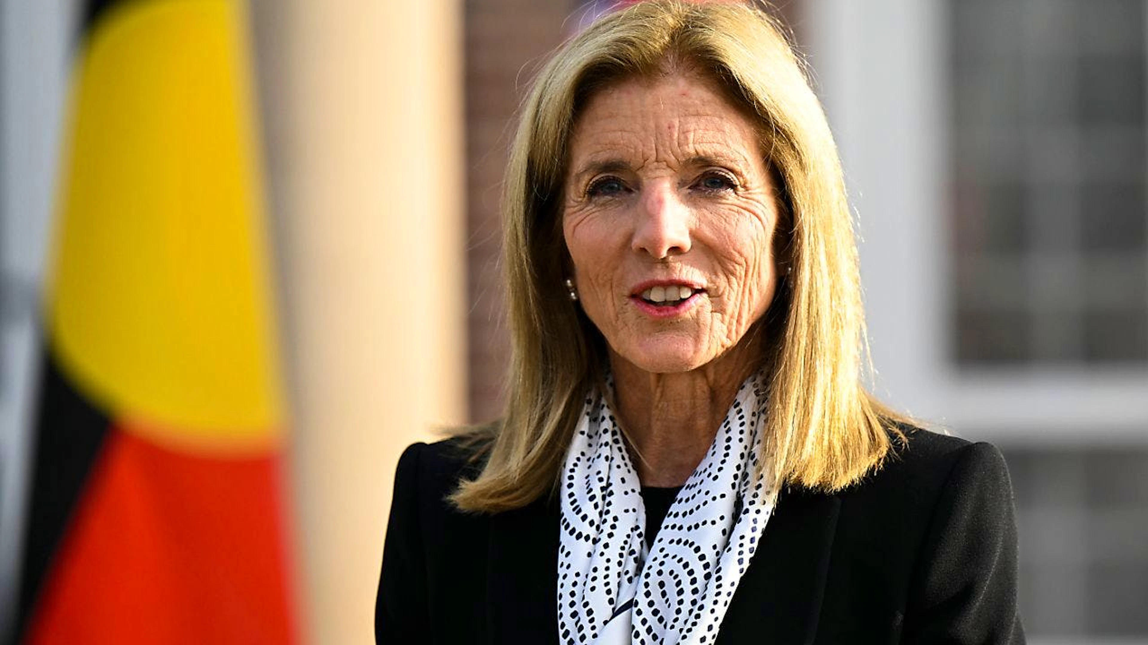United States Ambassador to Australia Caroline Kennedy speaks to the media during a press conference at the U.S. Embassy in Canberra, Monday, July 25, 2022. (AAP Image/Lukas Coch) NO ARCHIVING