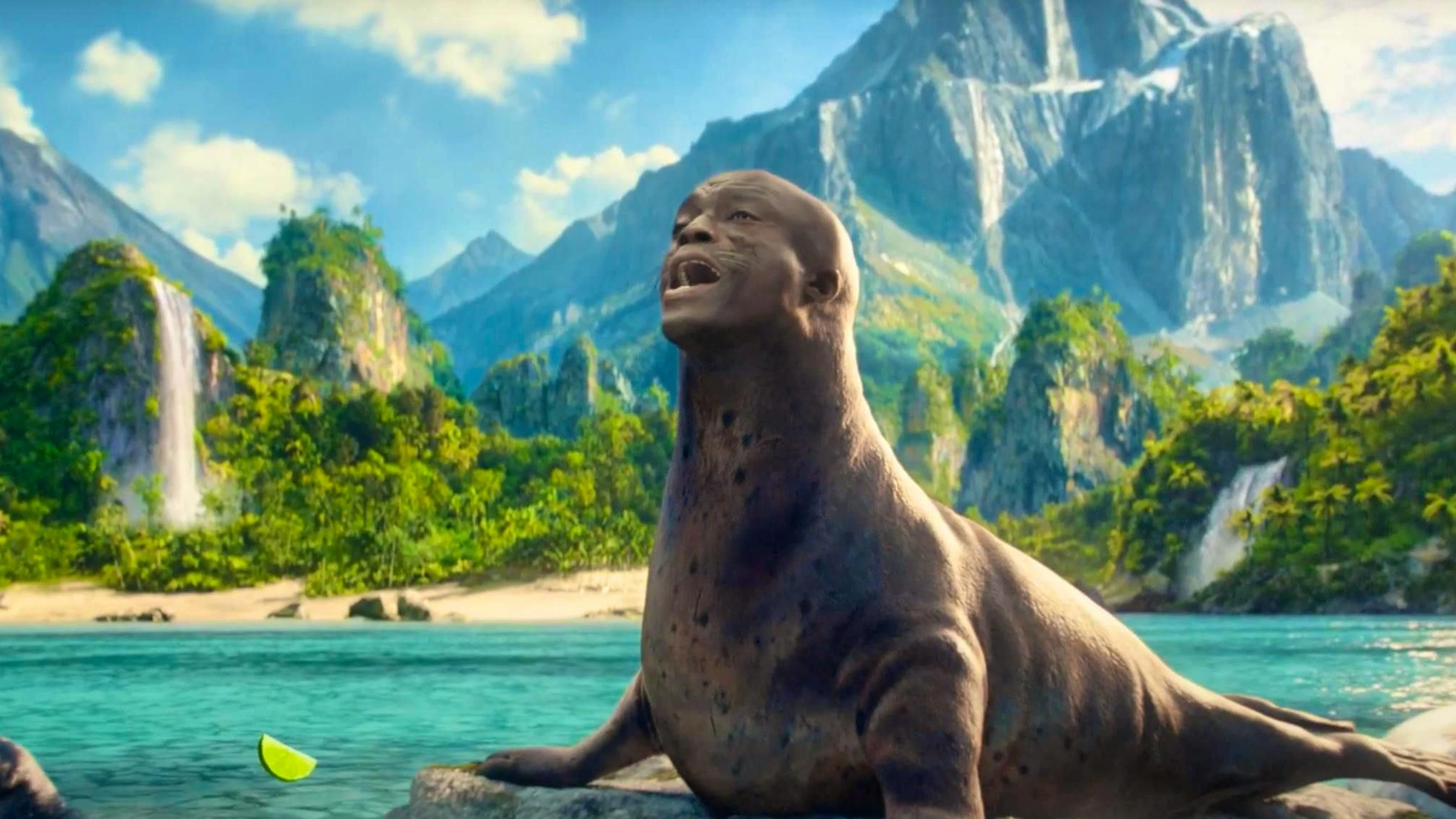 The singer Seal sings an old song dressed as a seal.