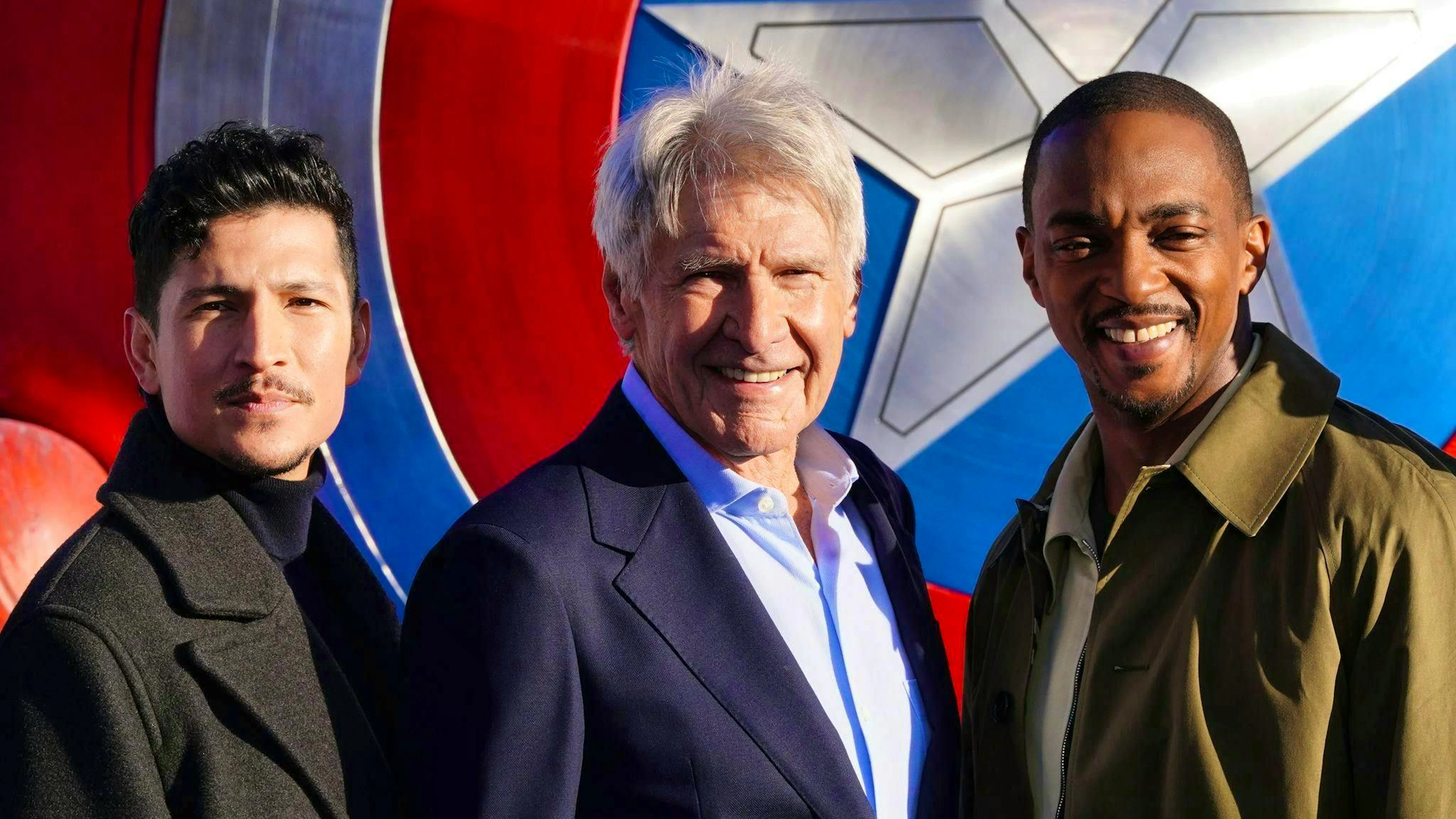 Danny Ramirez, Harrison Ford and Anthony Mackie, Harrison Ford (from left to right) during a photocall for the new Marvel spectacular "Captain America: Brave New World".